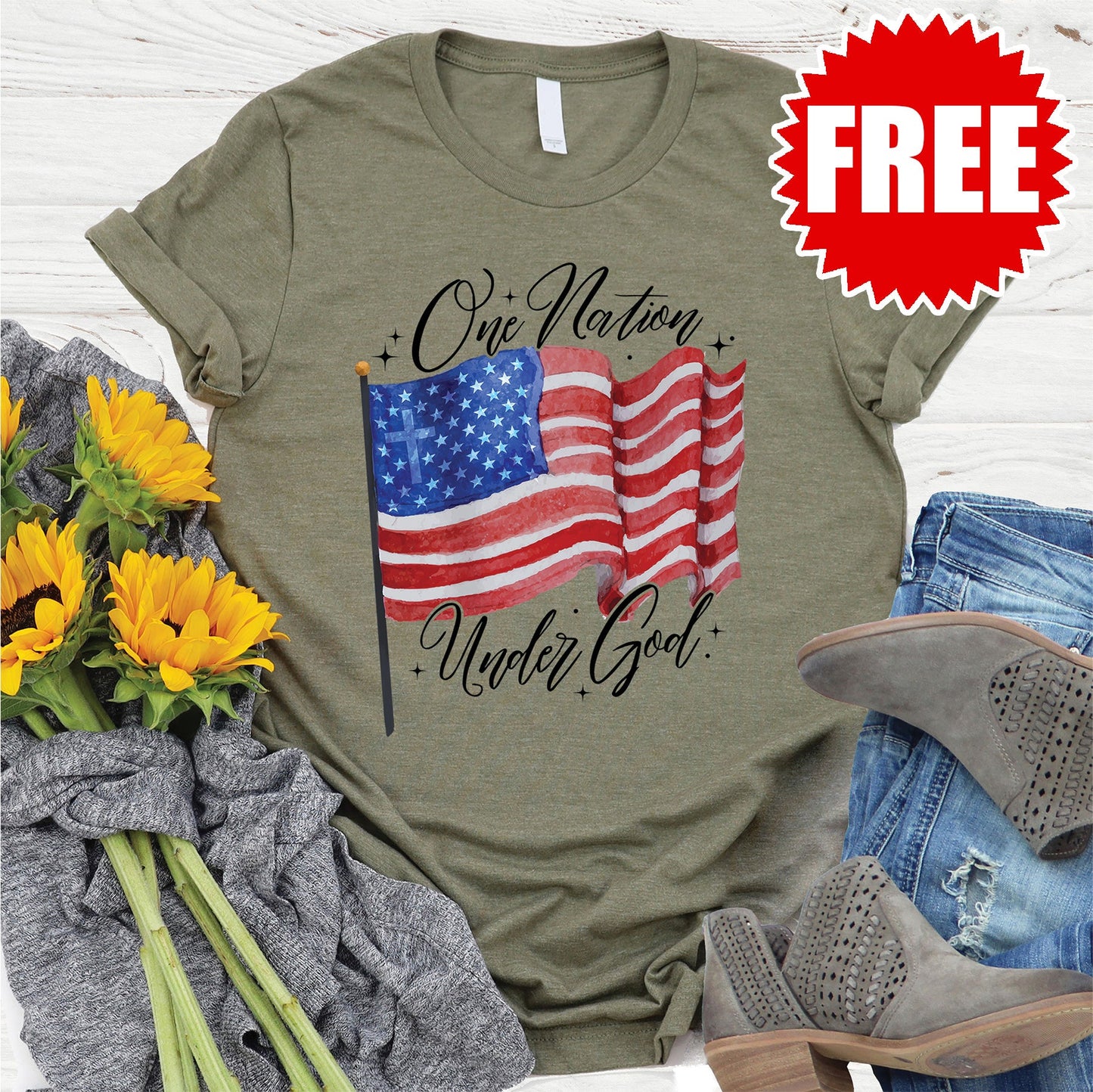 One Nation Under God Tee - Heather Olive - 0 Style002