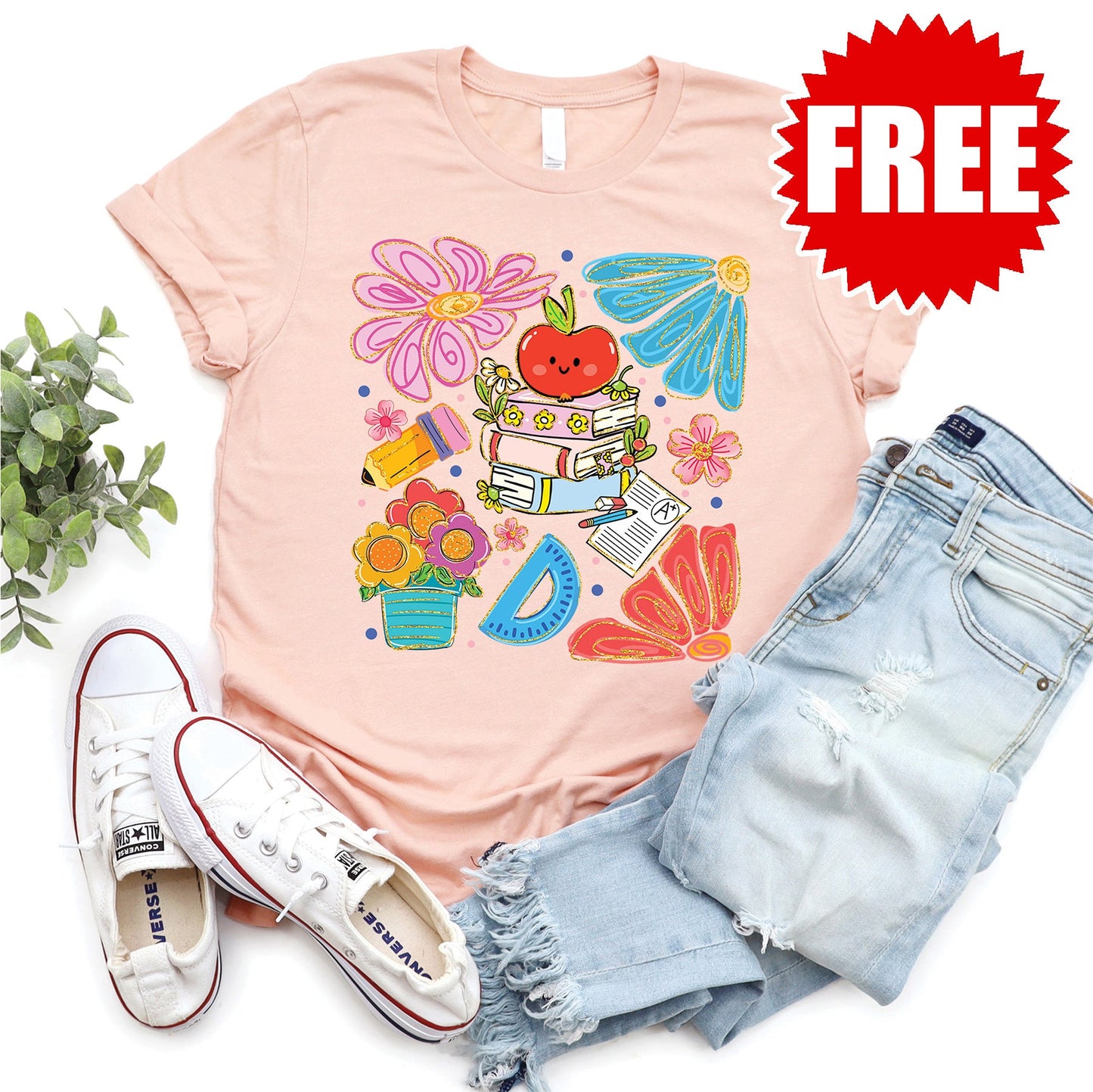 Floral Teacher Tee - Heather Peach - 0