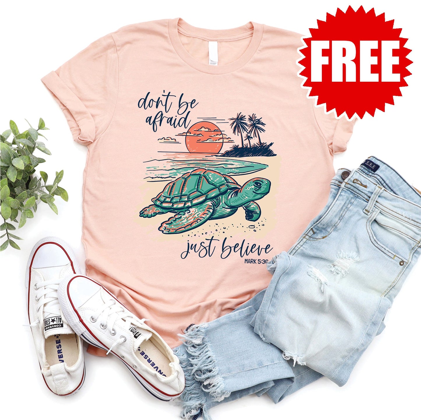 Believe Turtle Tee - Heather Peach - FREE