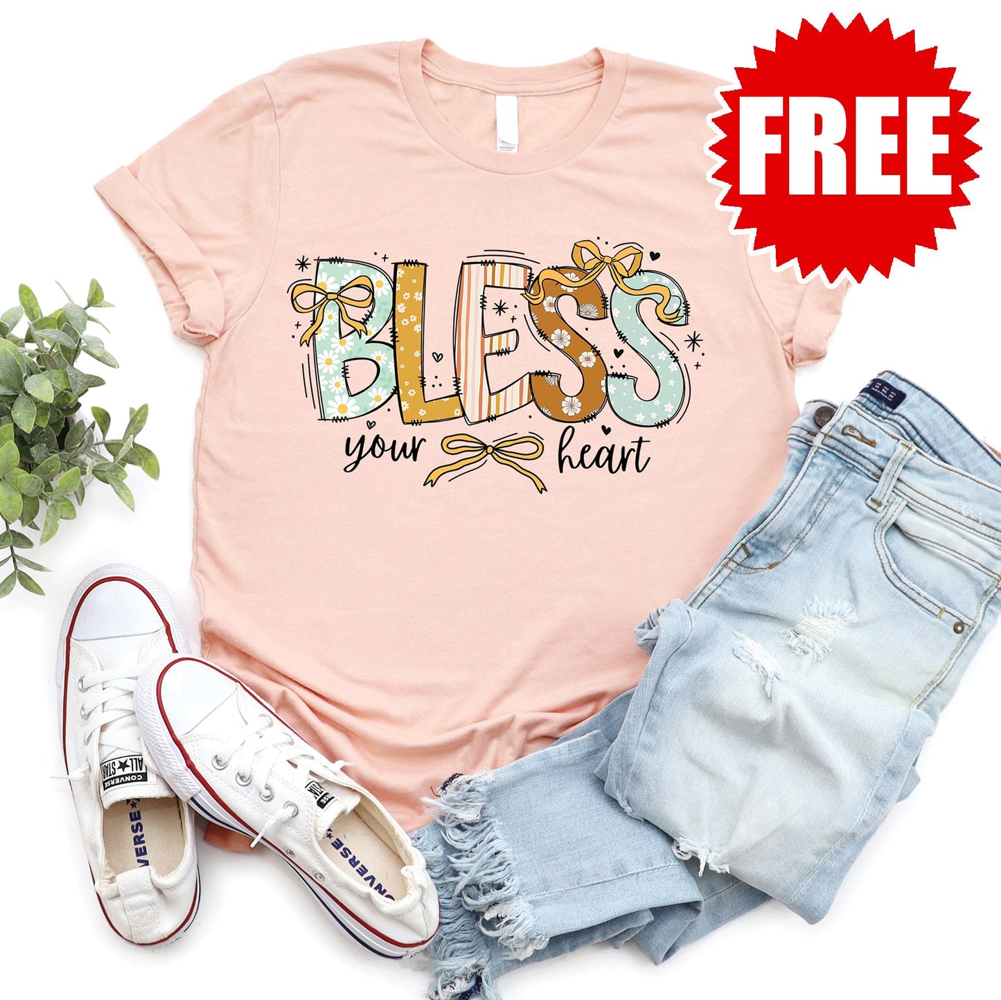Bless Your Heart Bows Tee - Heather Peach - FREE