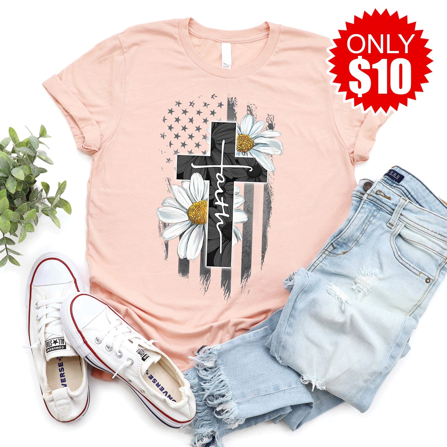 Faith Flag Daisy Tee - Heather Peach