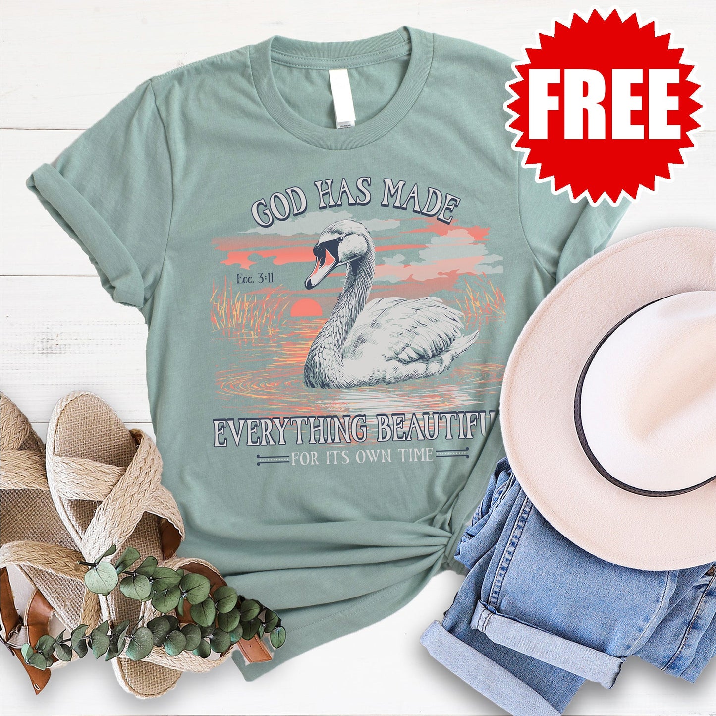 Beautiful Time Swan Tee - Heather Sage - 0