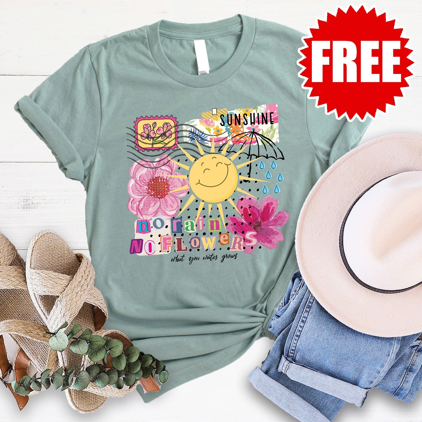 No Rain No Flowers Tee - Heather Sage - 0