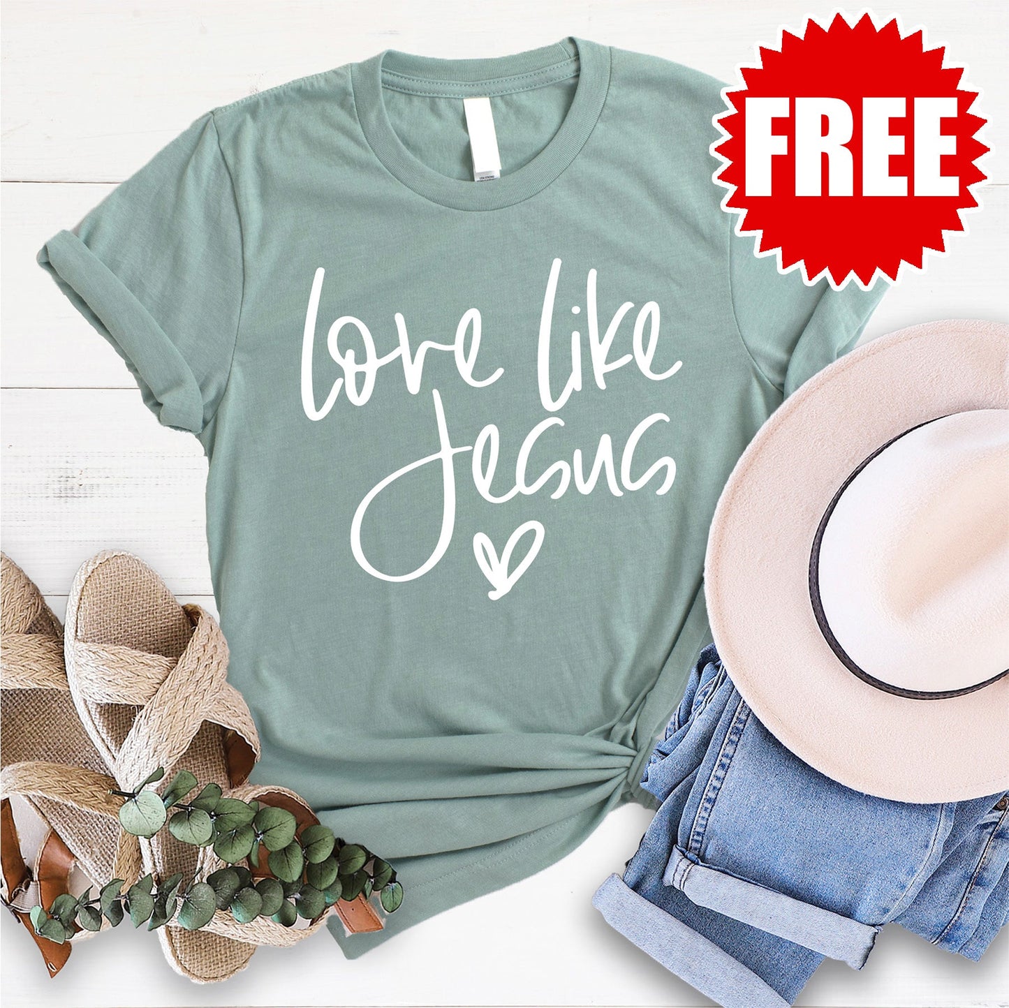 Love Like Jesus Cursive Tee - Heather Sage - 0