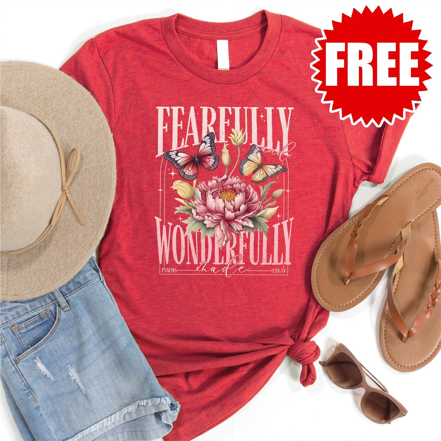 Fearfully and Wonderfully Butterflies Tee - Heather Scarlet - 0