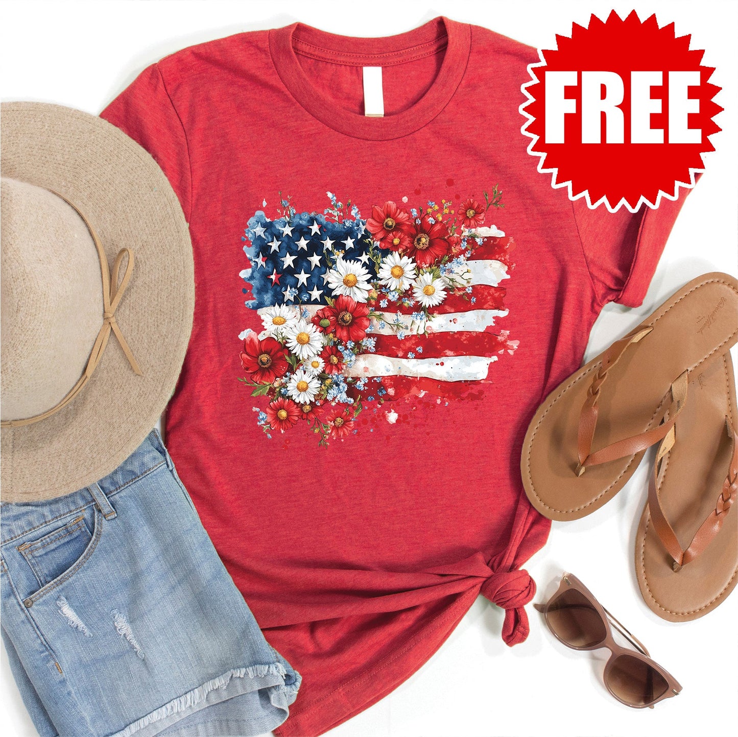 Floral Flag Tee - Heather Scarlet - 0