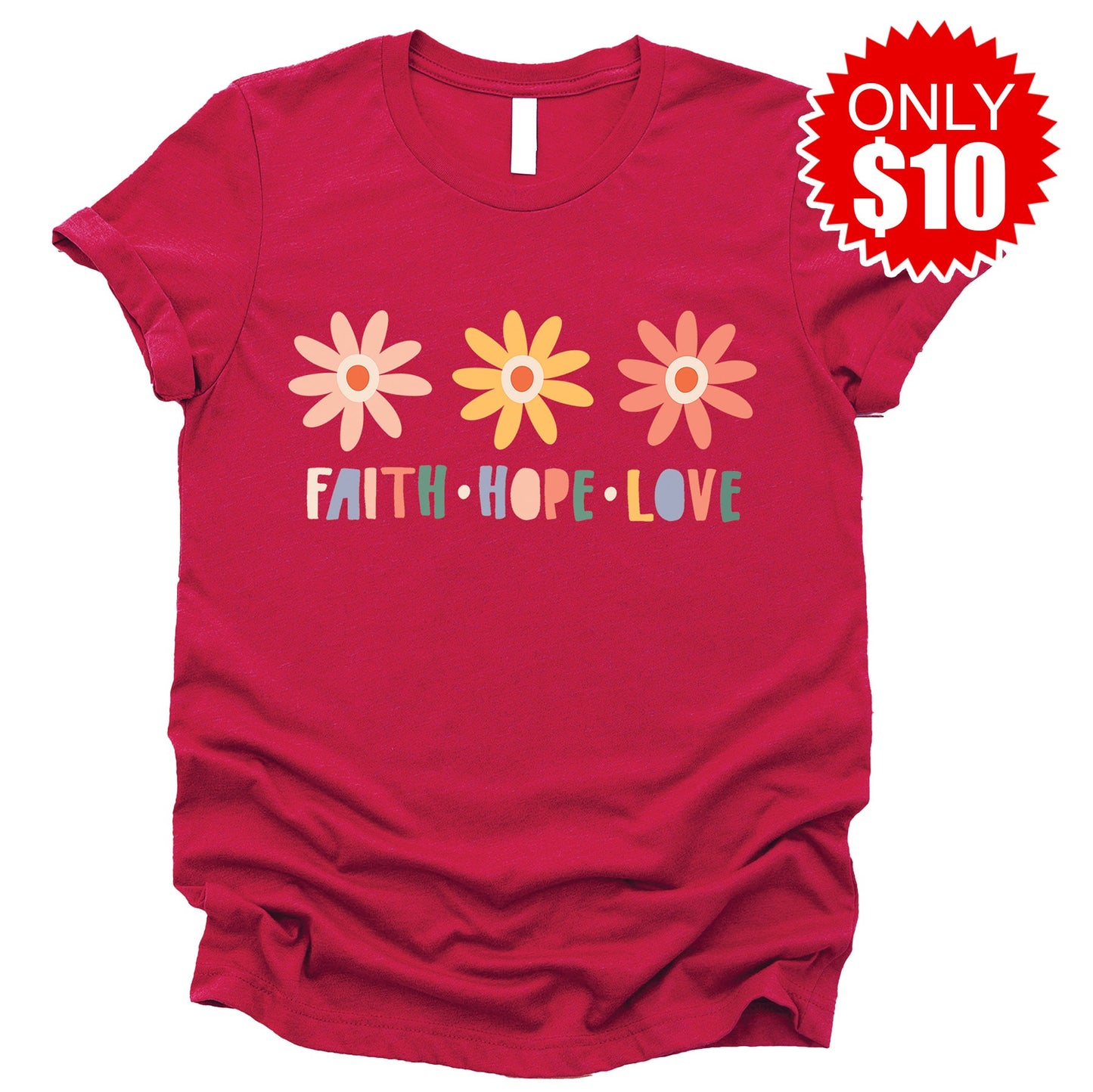 Faith Hope Love Flowers Tee - Heather Scarlet