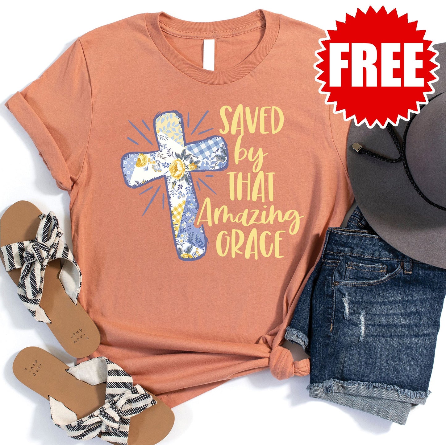 Saved By Amazing Grace Tee - Heather Terracotta - 0