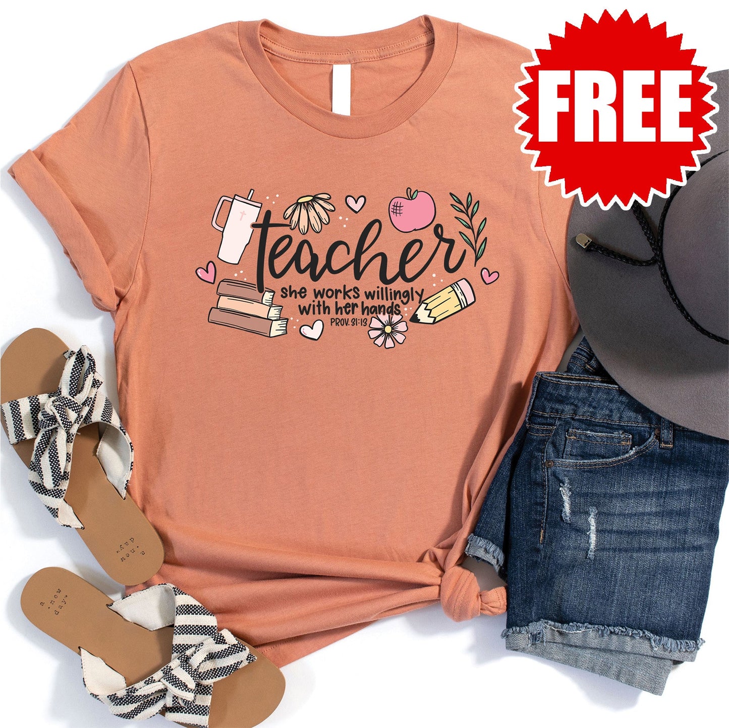 Teacher Proverbs 31:13 Tee - Heather Terracotta - 0