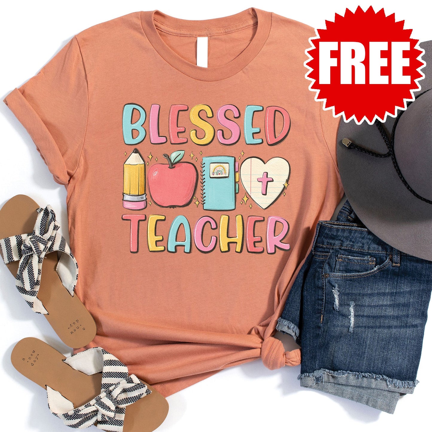 Blessed Teacher Tee - Heather Terracotta - 0
