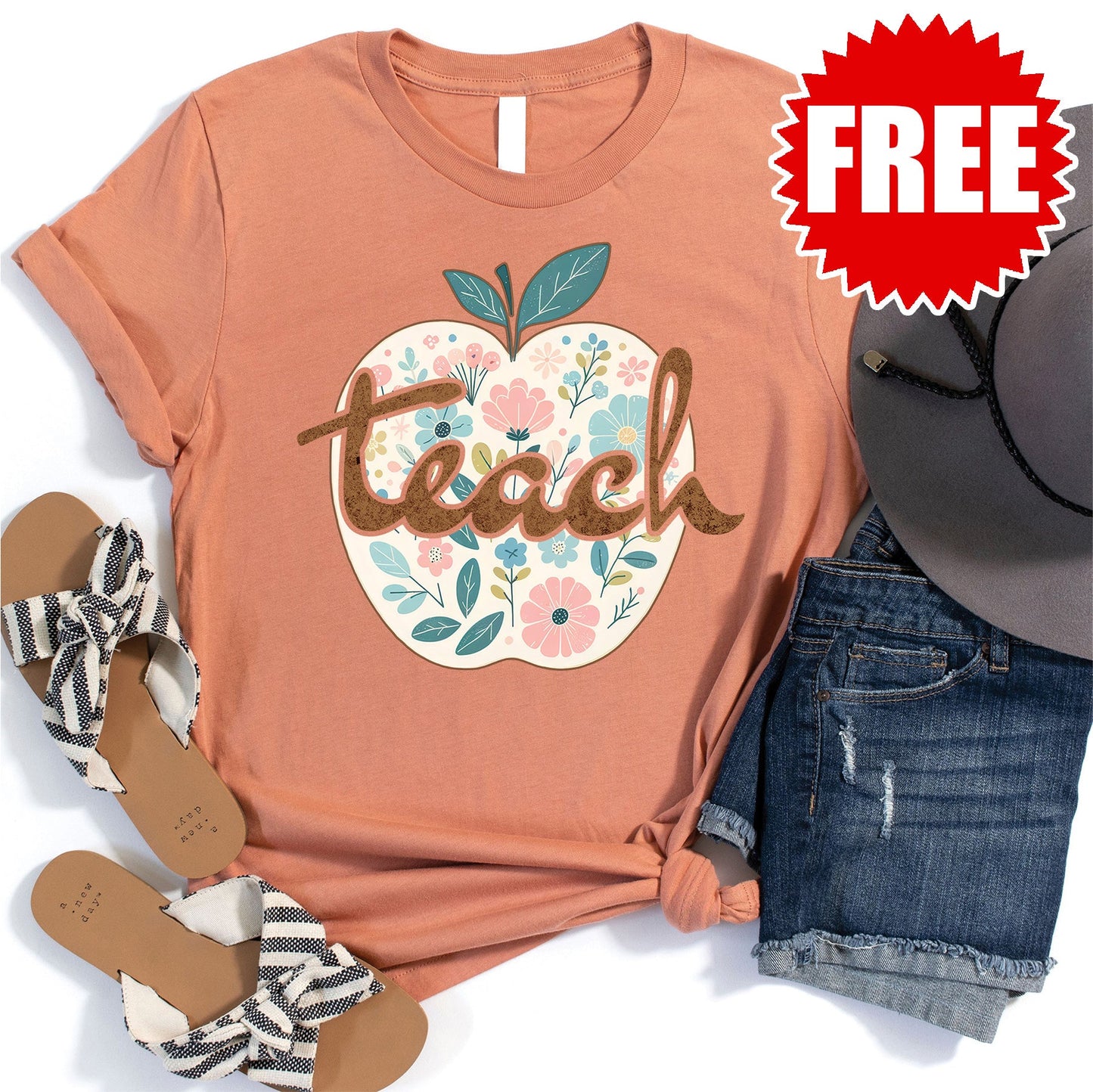 Teacher Apple Tee - Heather Terracotta - 0