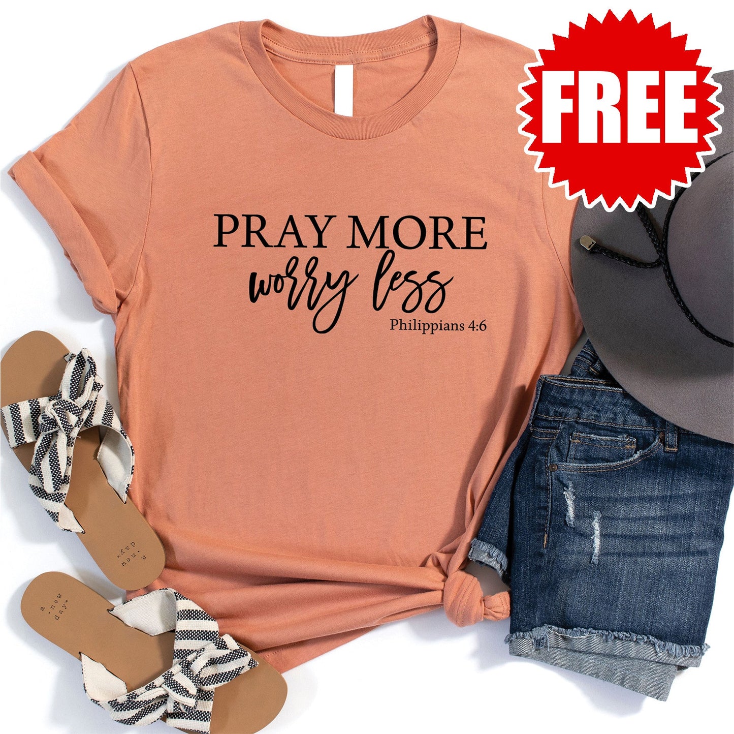 Pray More Worry Less Tee - Heather Terracotta - FREE