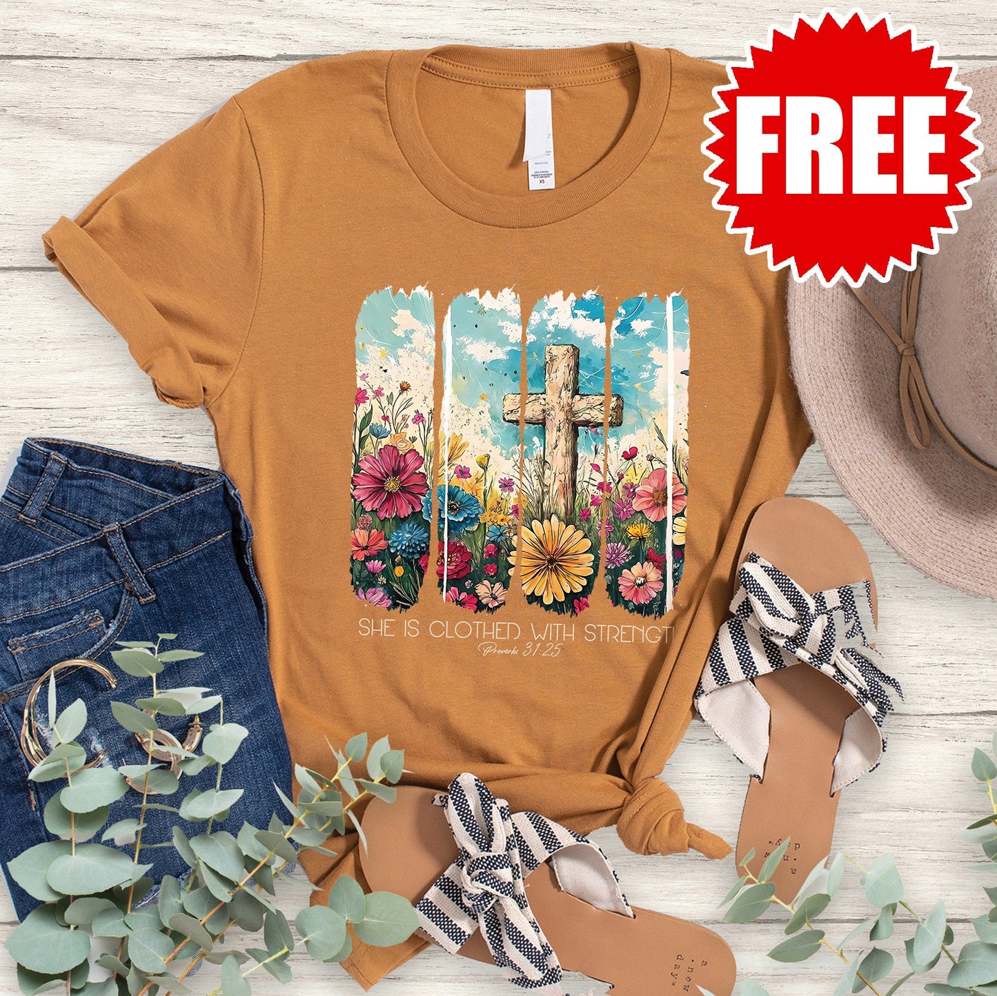 She is Clothed - White Tee - Heather Toast - FREE