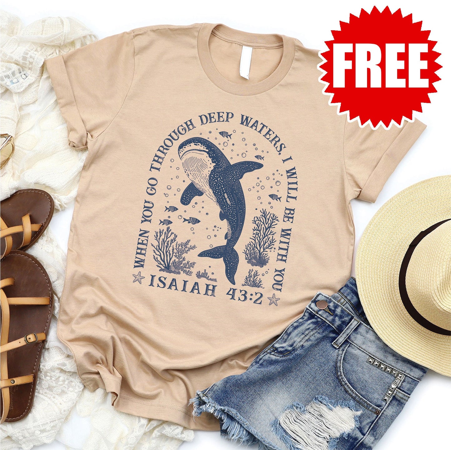 Deep Waters Whale Tee - Heather Beach - 0