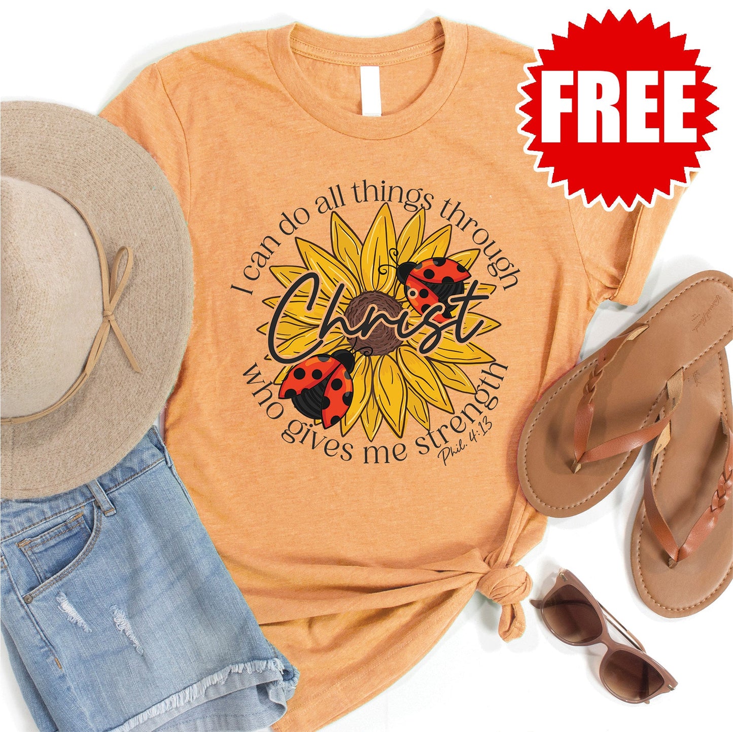 Philippians 4:13 Ladybug Tee - Heather Apricot - FREE