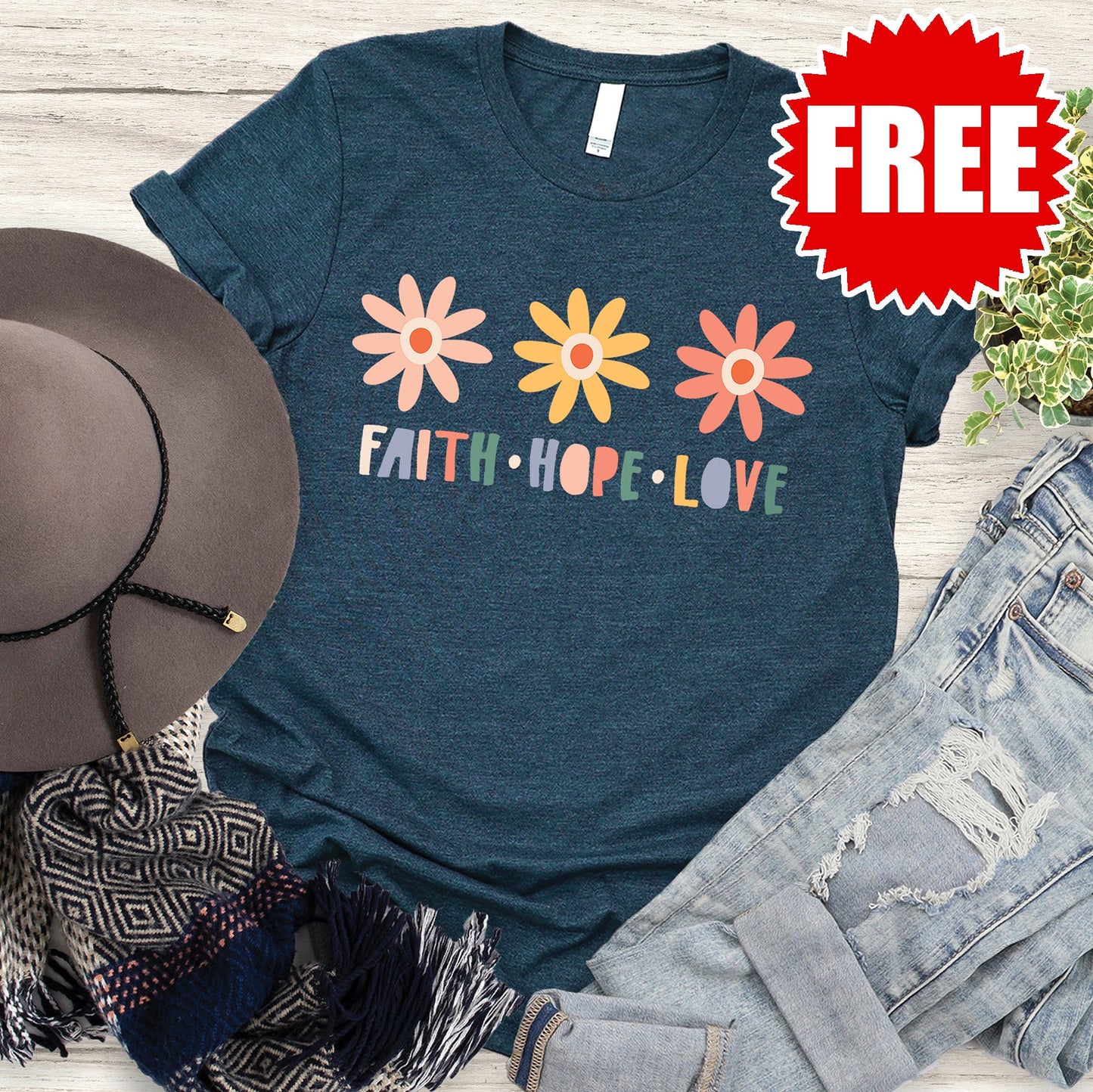 Faith Hope Love Flowers Tee - Heather Atlantic Style001
