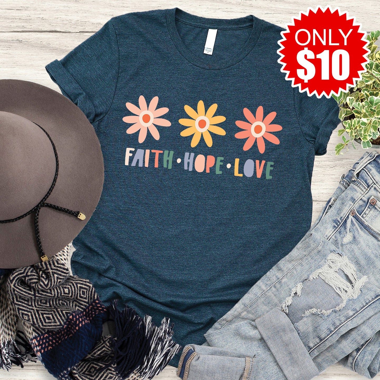 Faith Hope Love Flowers Tee - Heather Atlantic