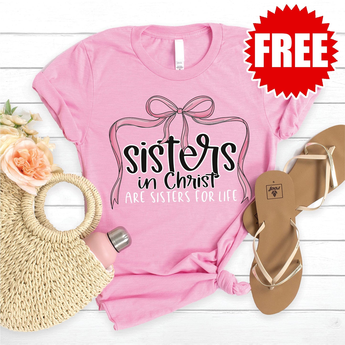 Sisters in Christ Bow Tee - Heather Bubble Gum Style001