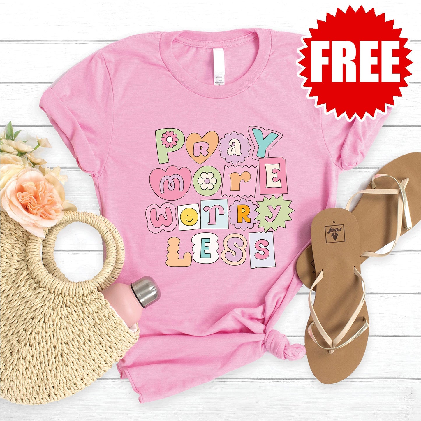 Pray More Worry Less - Shapes Tee - Heather Bubble Gum - FREE