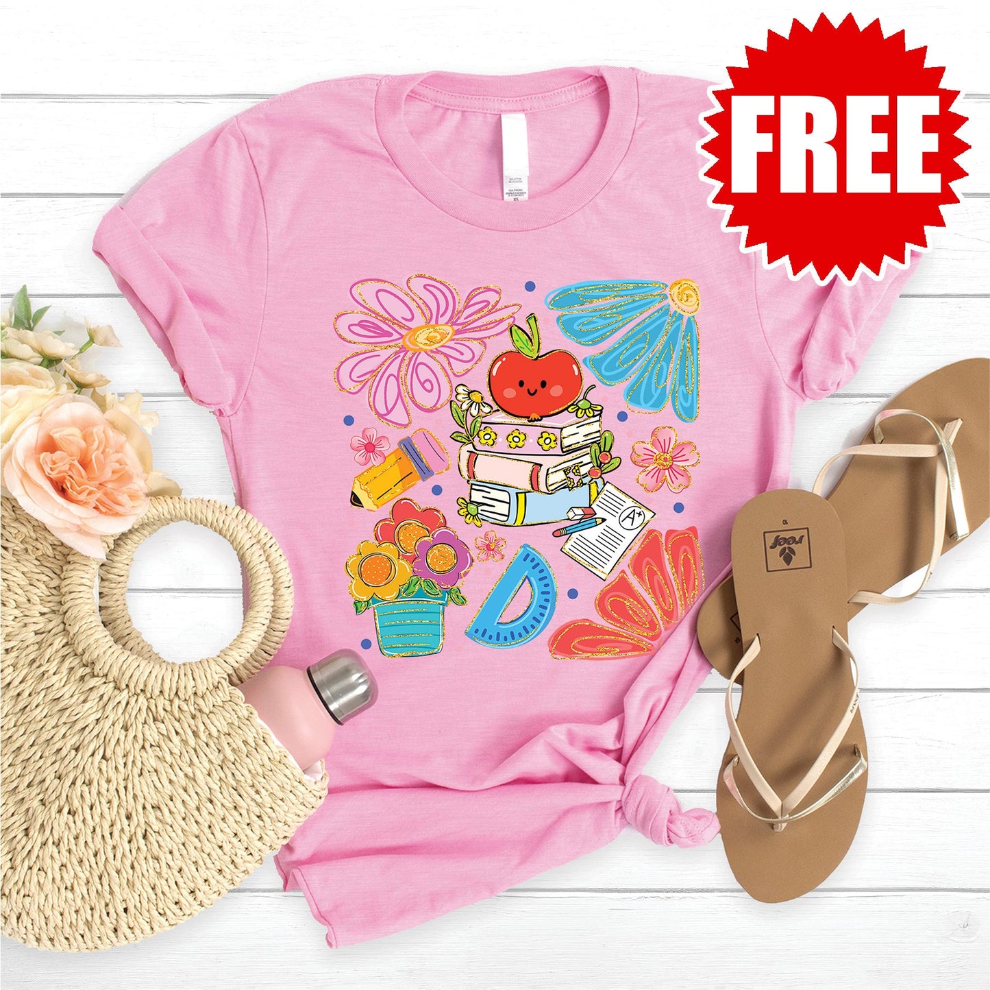 Floral Teacher Tee - Heather Bubble Gum - 0