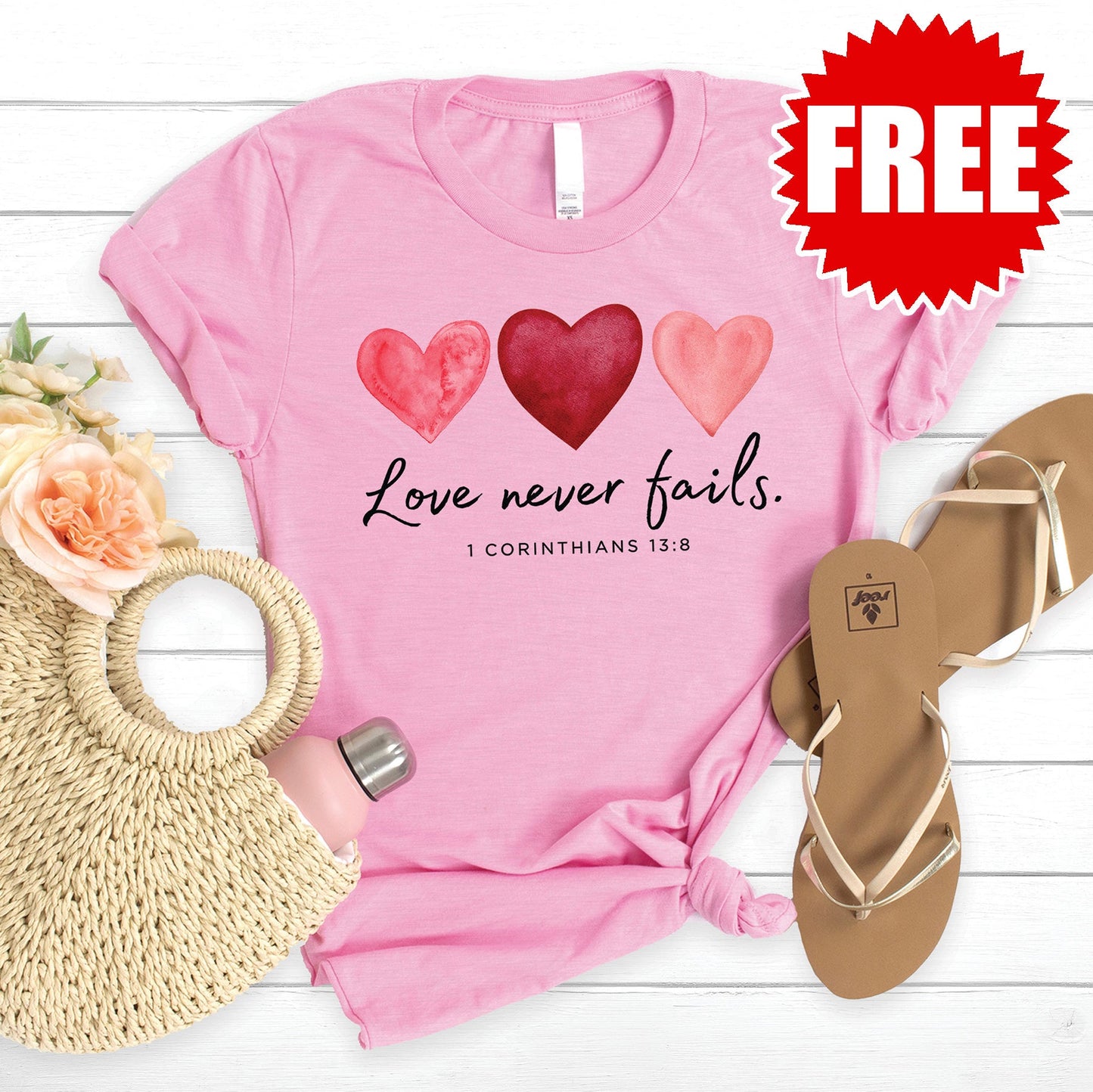 Love Never Fails Tee - Heather Bubble Gum - FREE