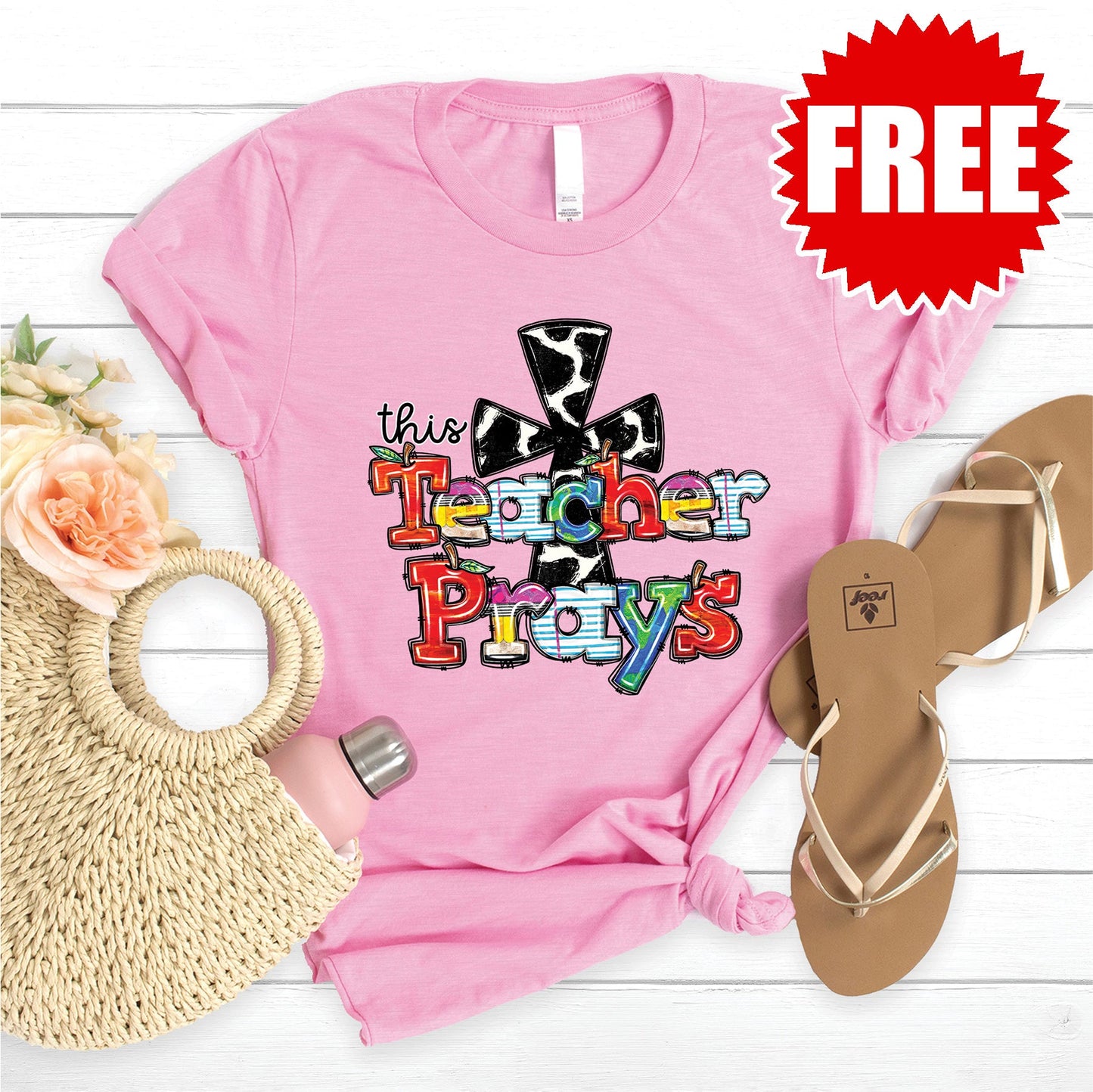 Teacher Prays Tee - Heather Bubble Gum - FREE