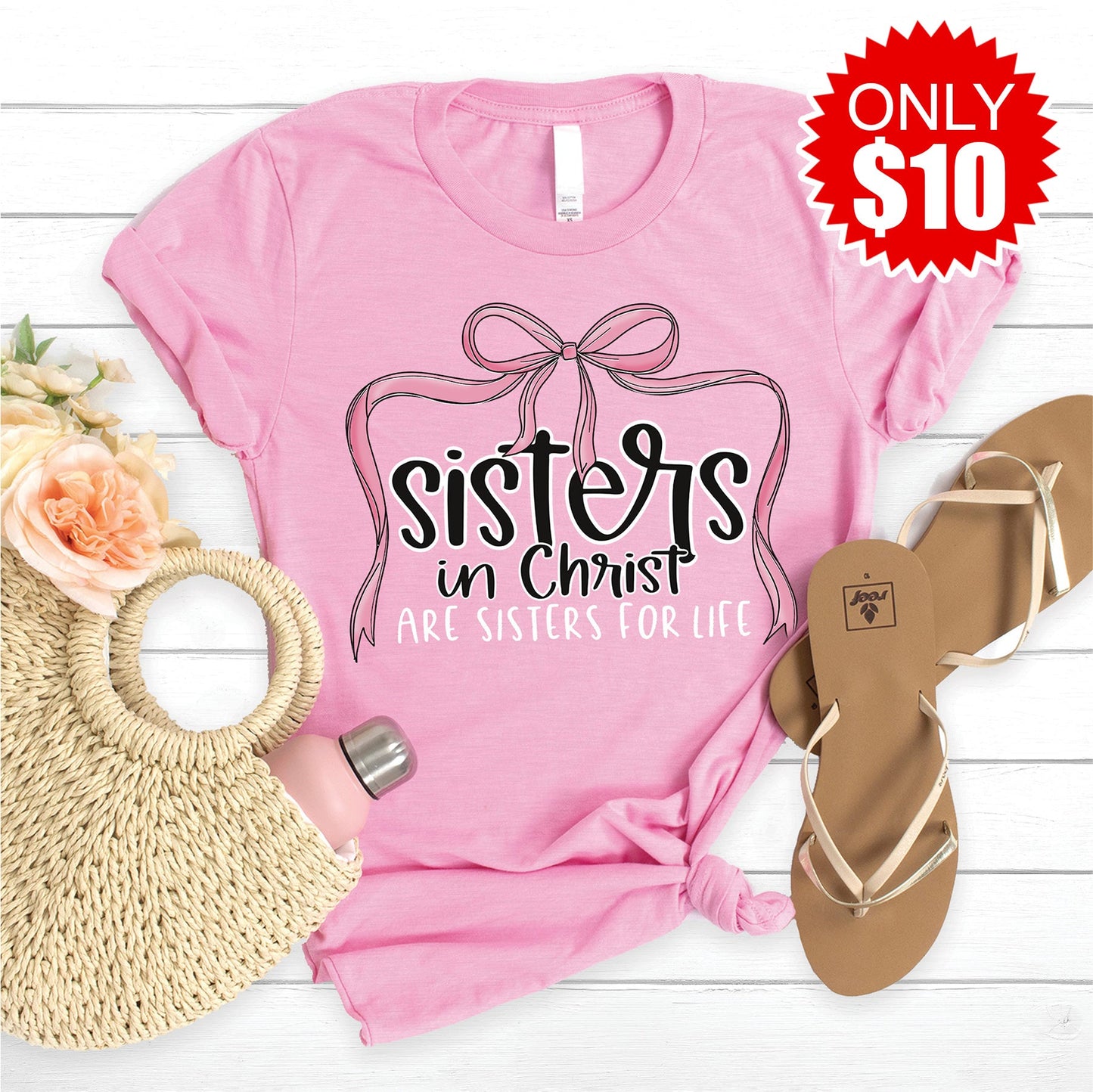 Sisters in Christ Bow Tee - Heather Bubble Gum