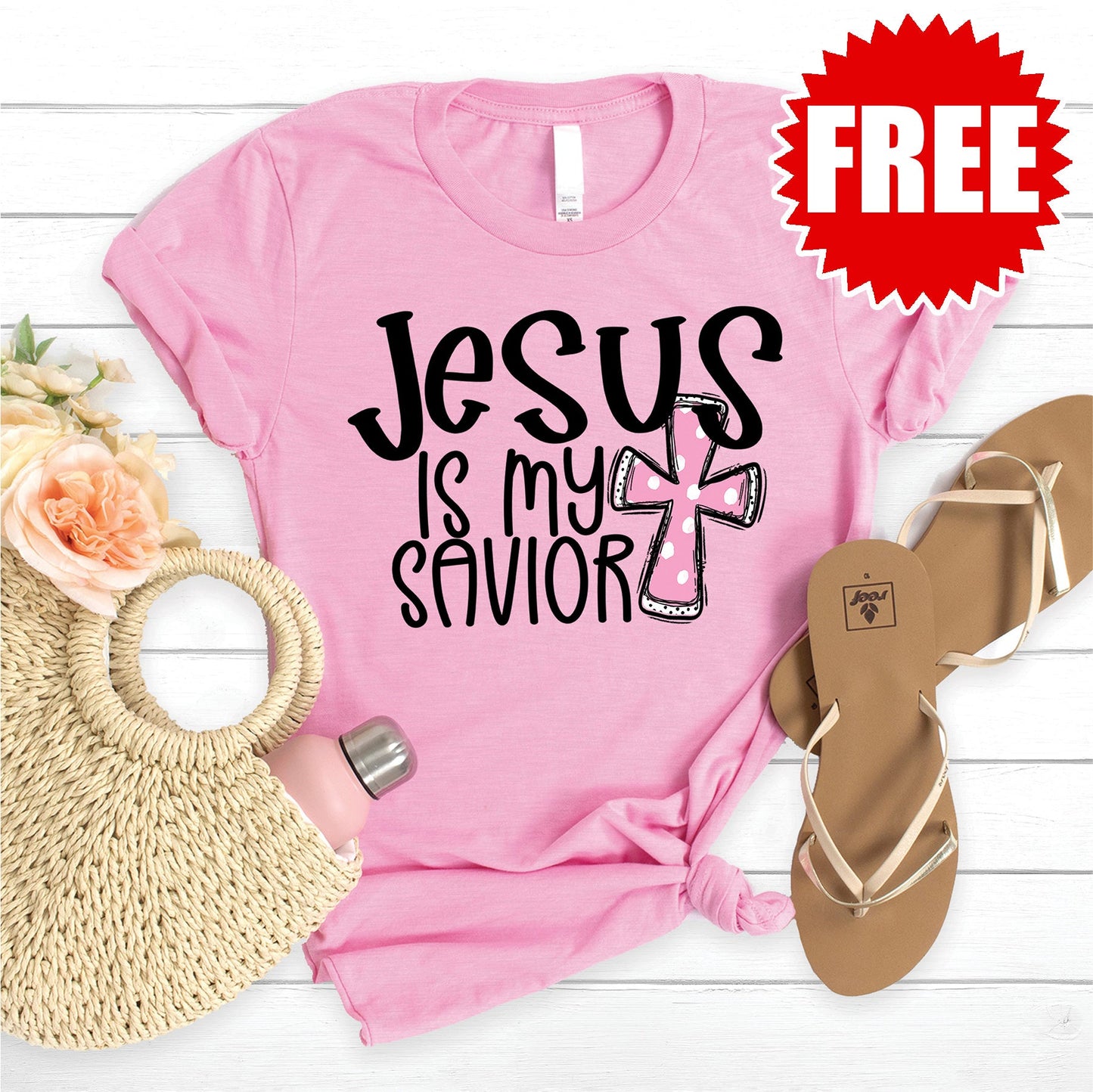 Jesus is my Savior Tee - Heather Bubble Gum - FREE