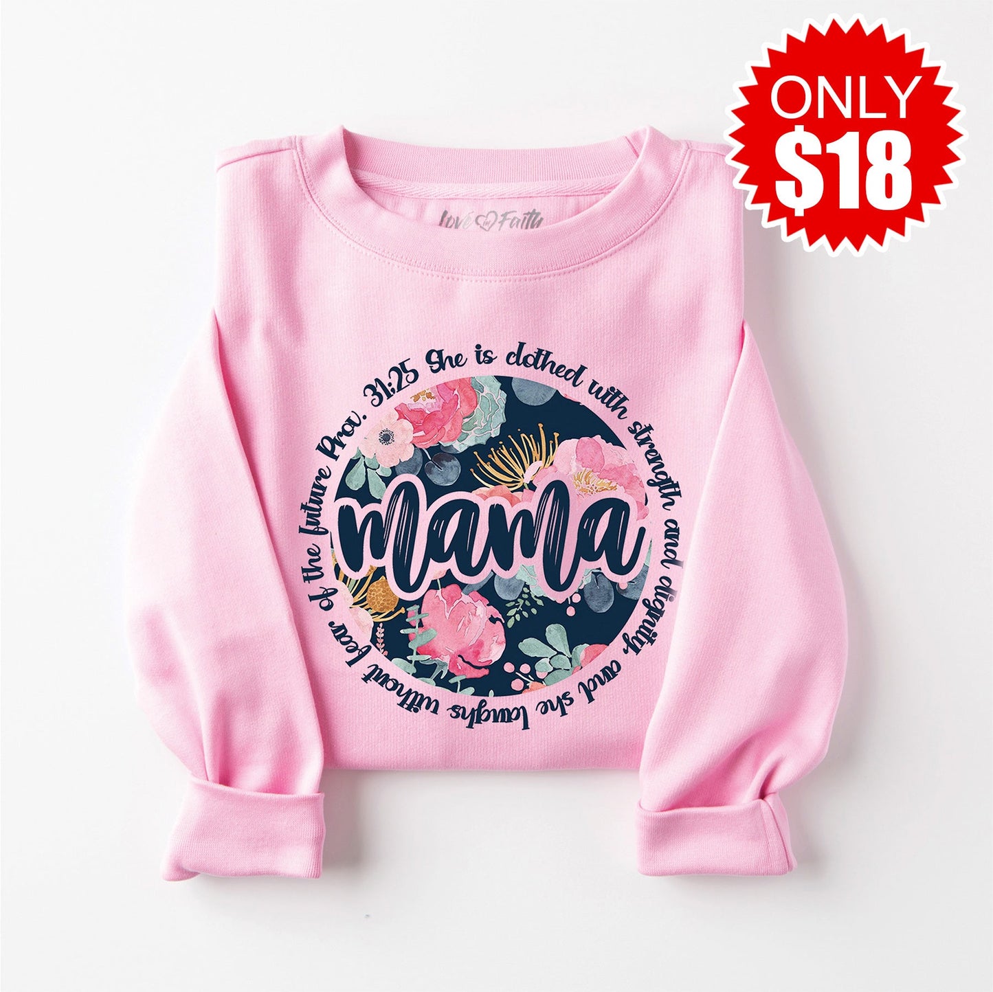 Mama She is Clothed in Strength and Dignity Crewneck Sweatshirt - Heather Bubble Gum