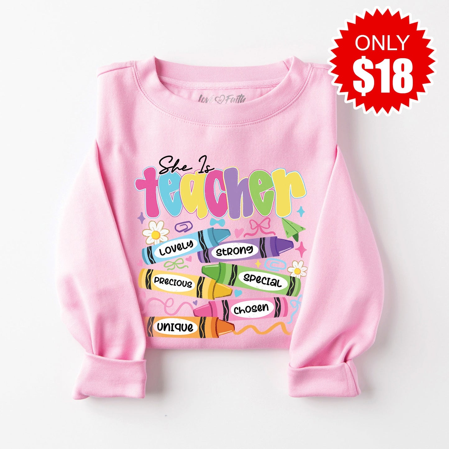 She Is Teacher Sweatshirt - Heather Bubble Gum - 18 Style001