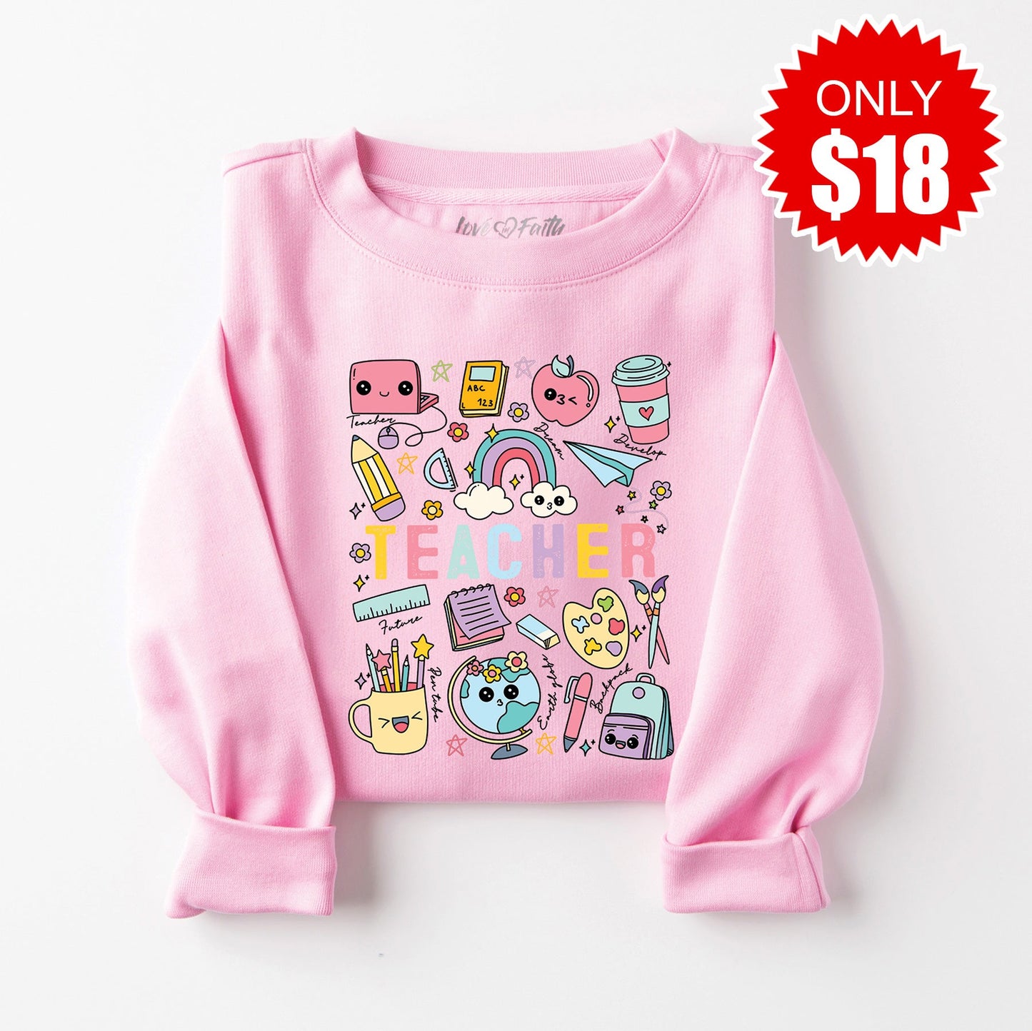 Teacher Rainbow Sweatshirt - Heather Bubble Gum - 18