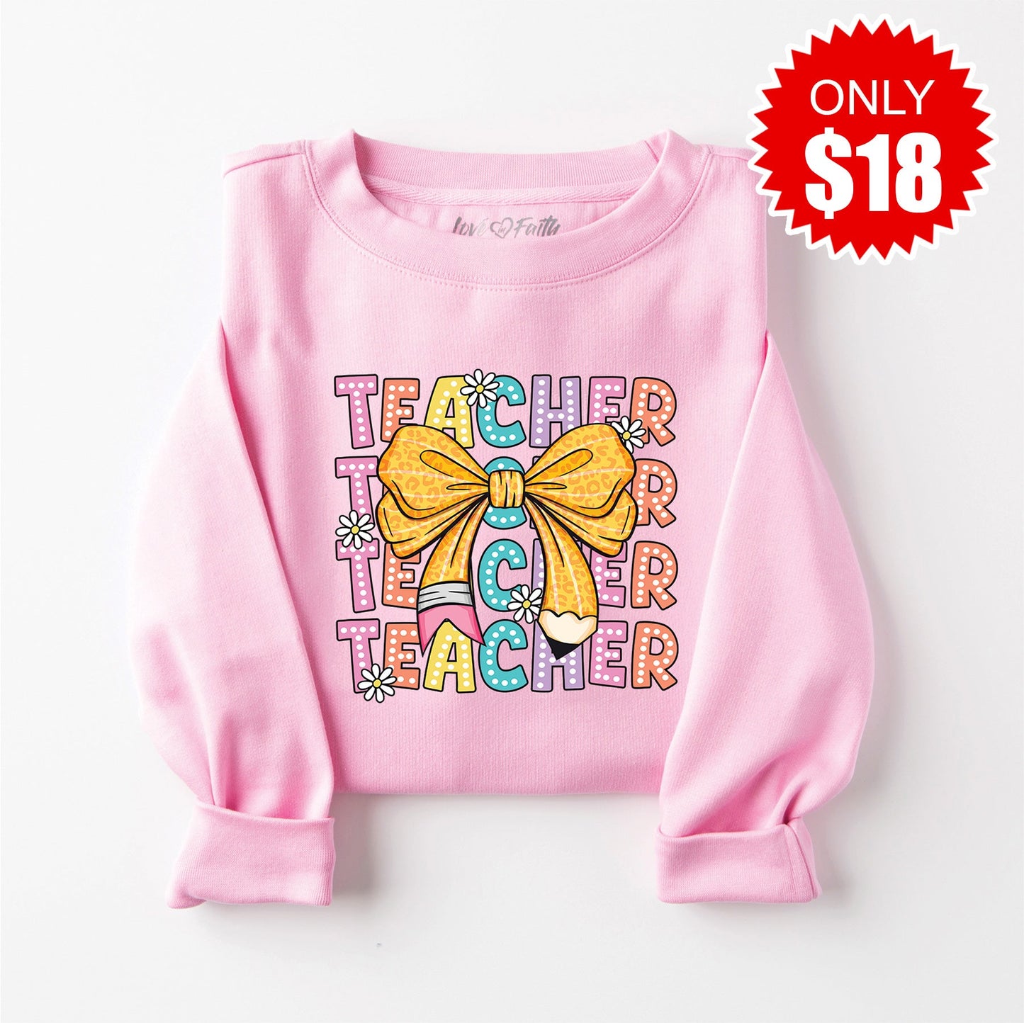 Teacher Bow Sweatshirt - Heather Bubble Gum - 18
