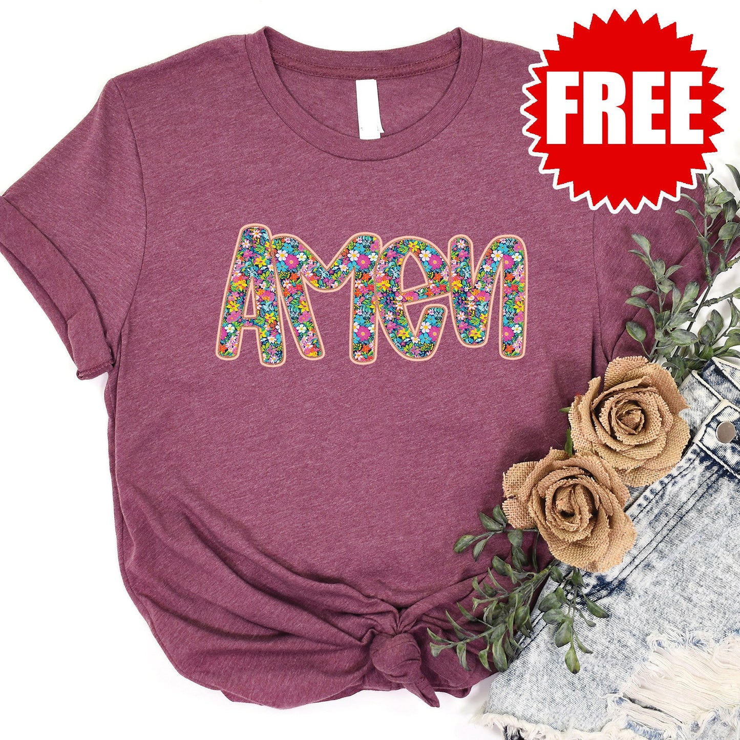 Amen Tee - Heather Burgundy - FREE