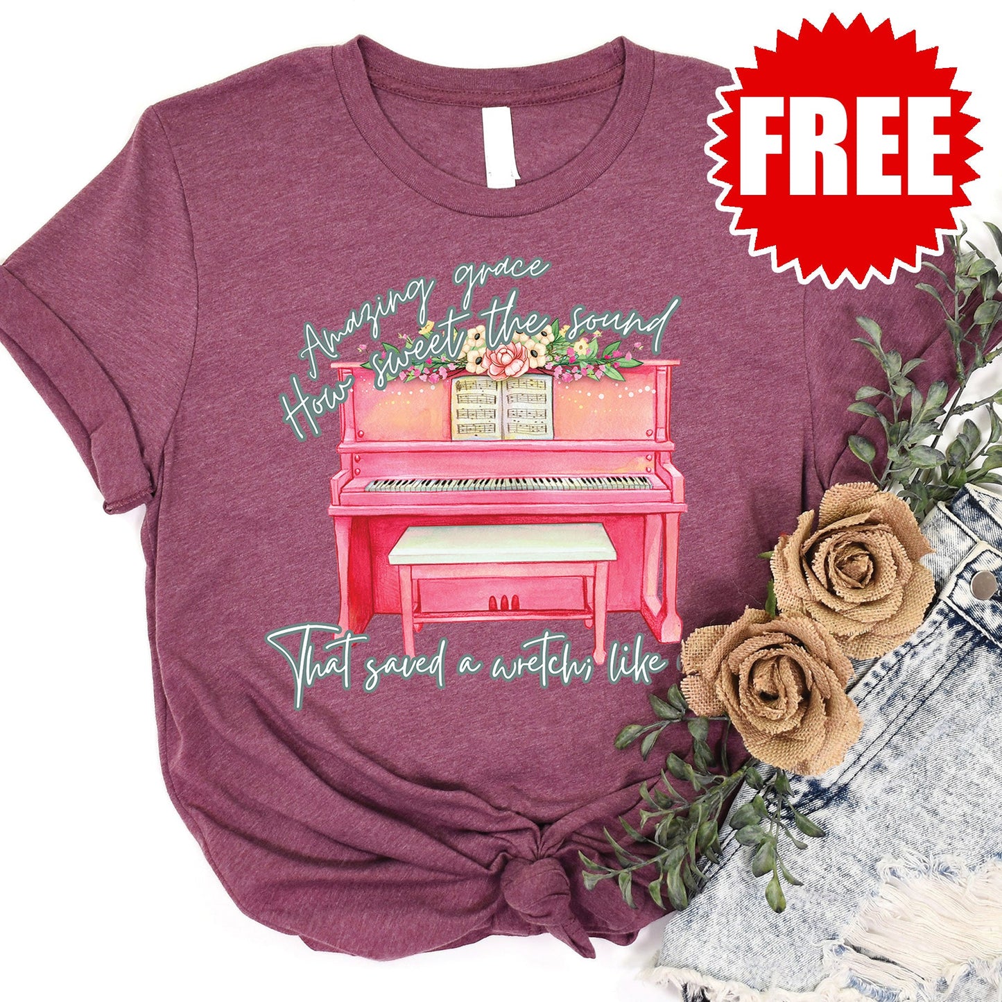Amazing Grace Piano Tee - Heather Burgundy - 0