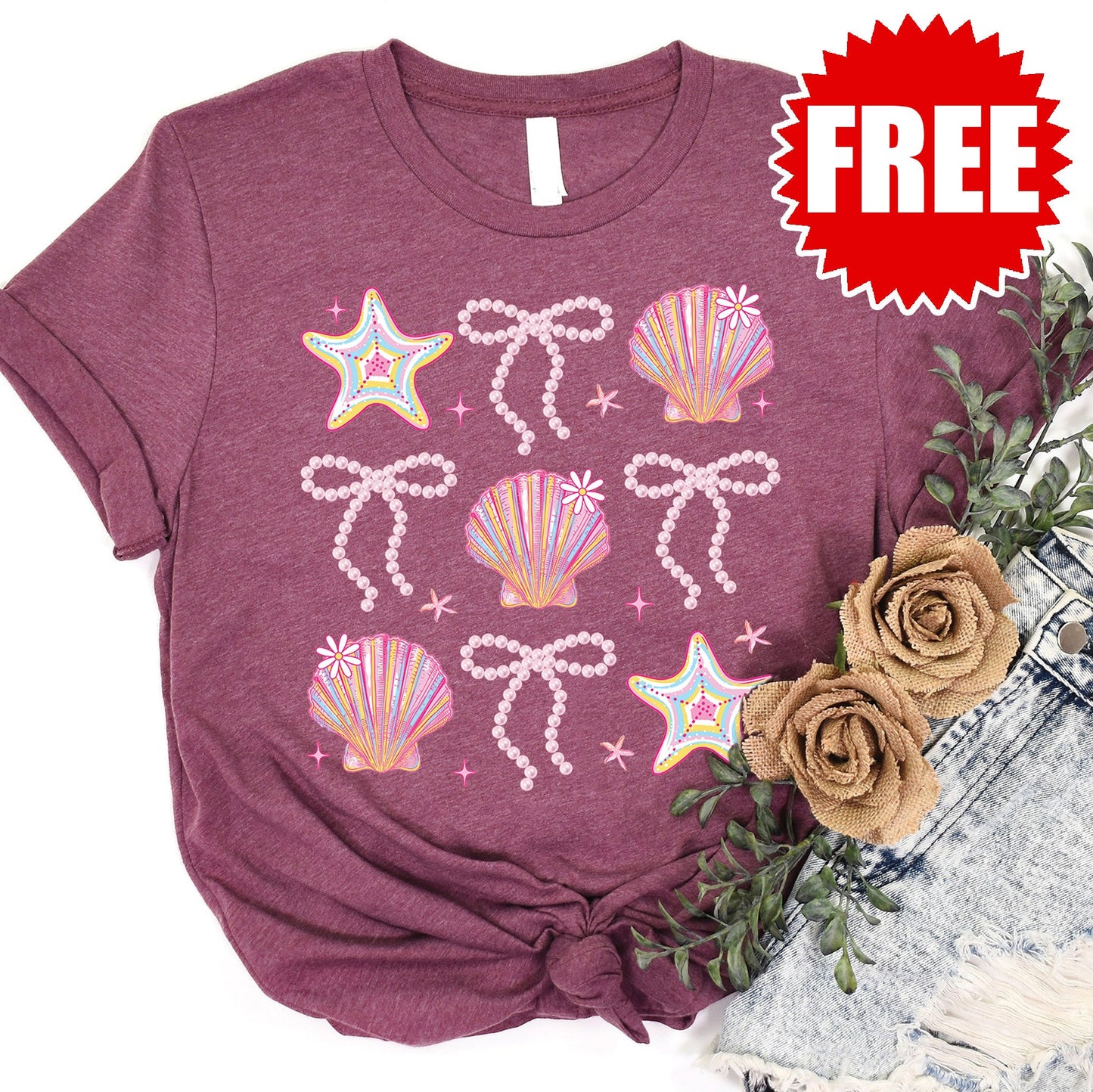 Shells and Ribbons Tee - Heather Burgundy - 0
