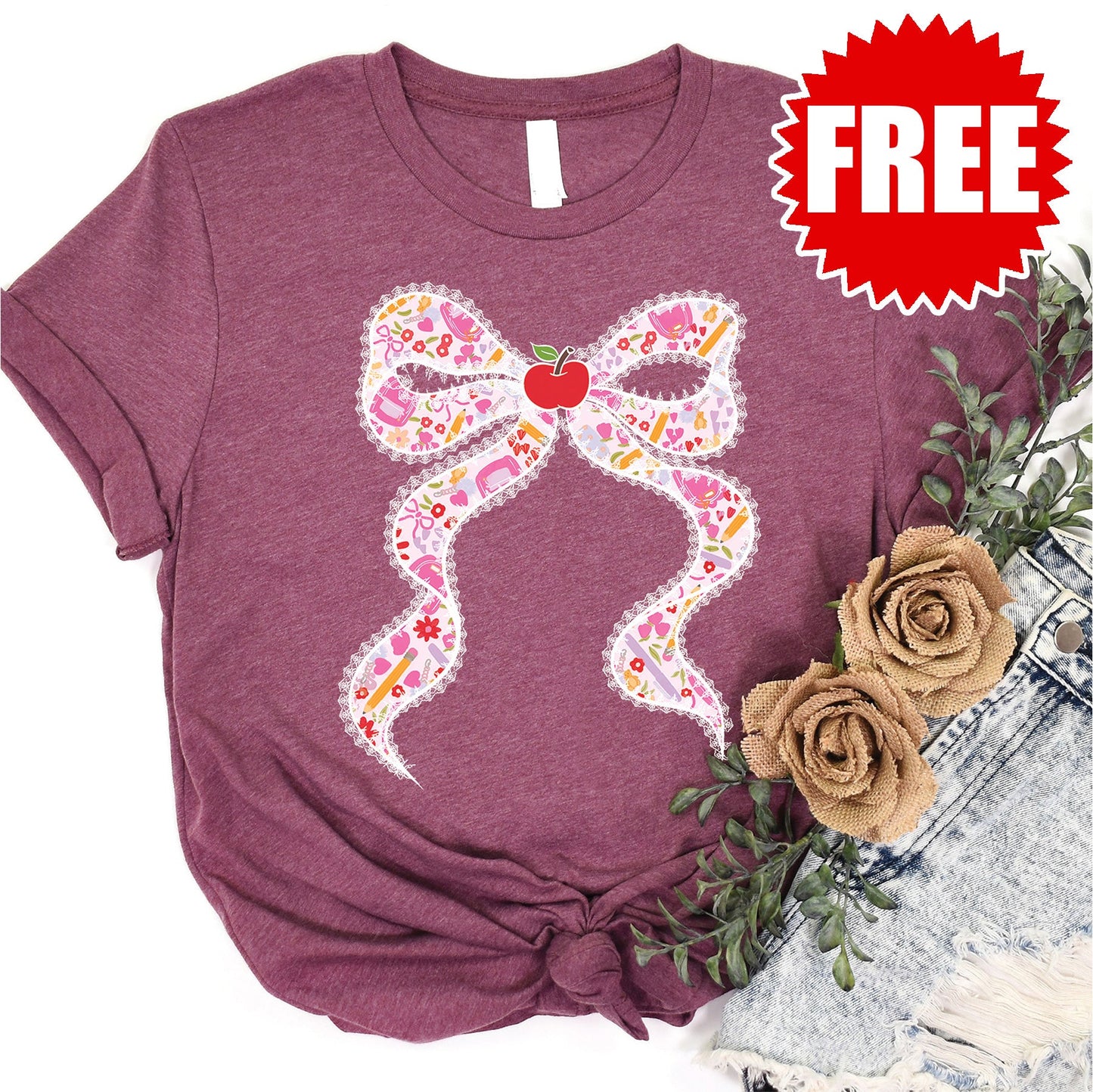 Pink Bow Tee - Heather Burgundy - 0