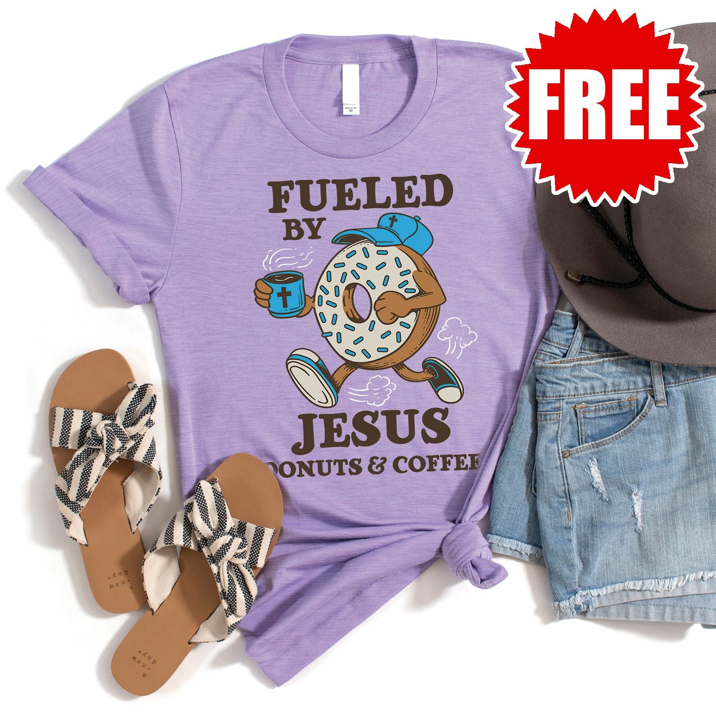 Jesus Donuts and Coffee Tee - Heather Dark Lavender - 0