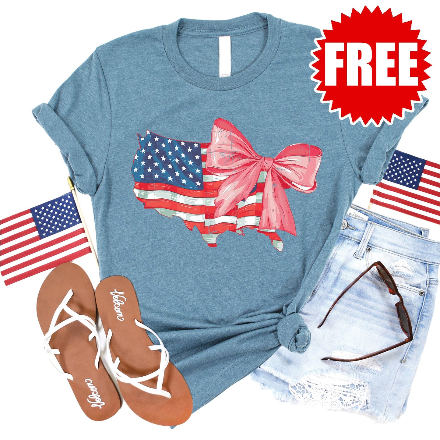 USA Ribbon Tee - Heather Denim - FREE