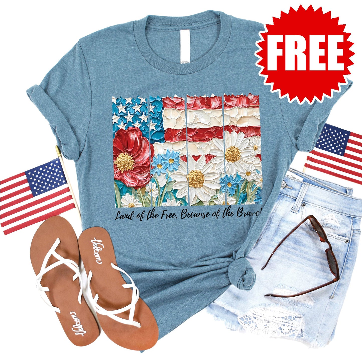 Land Of The Free Floral Tee - Heather Denim - 0