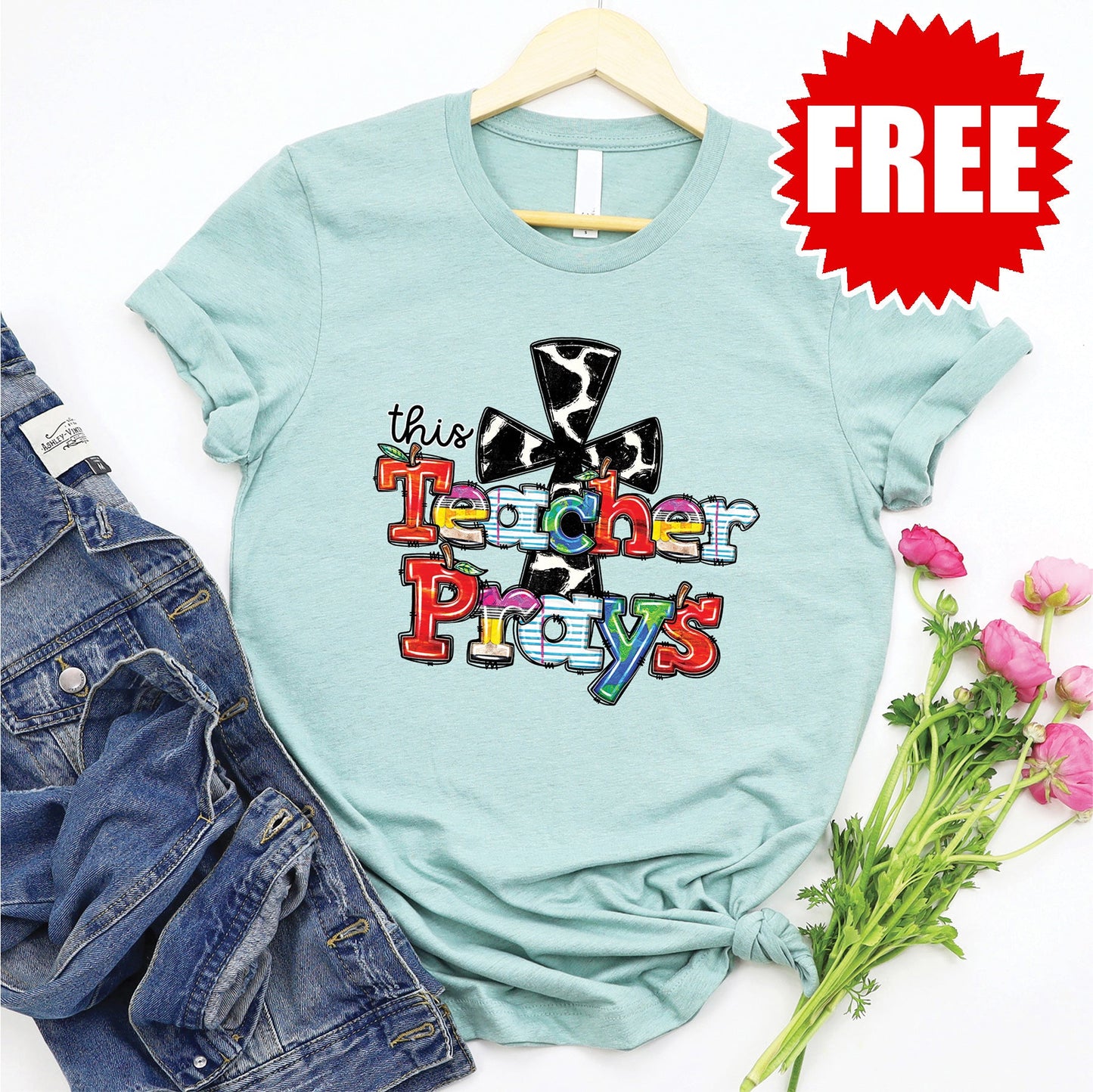 Teacher Prays Tee - Heather Dusty Blue - FREE