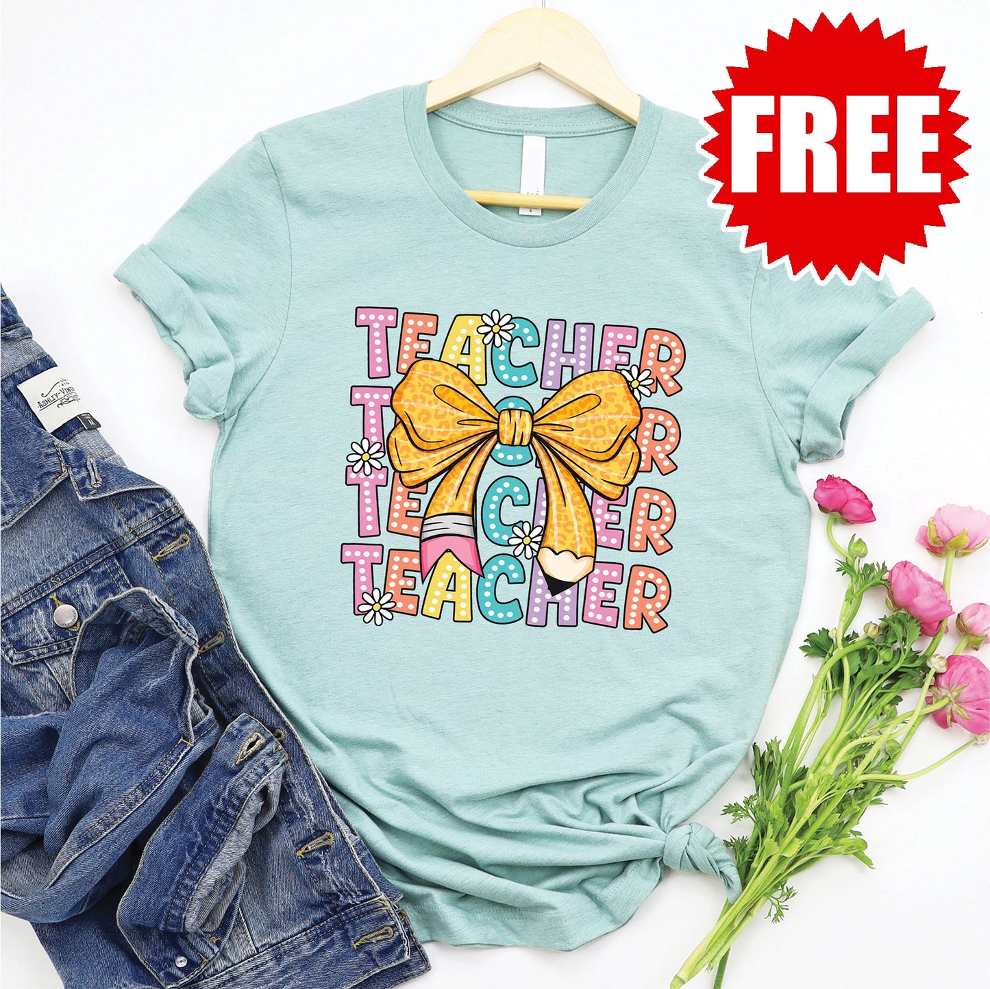 Teacher Bow Tee - Heather Dusty Blue - FREE