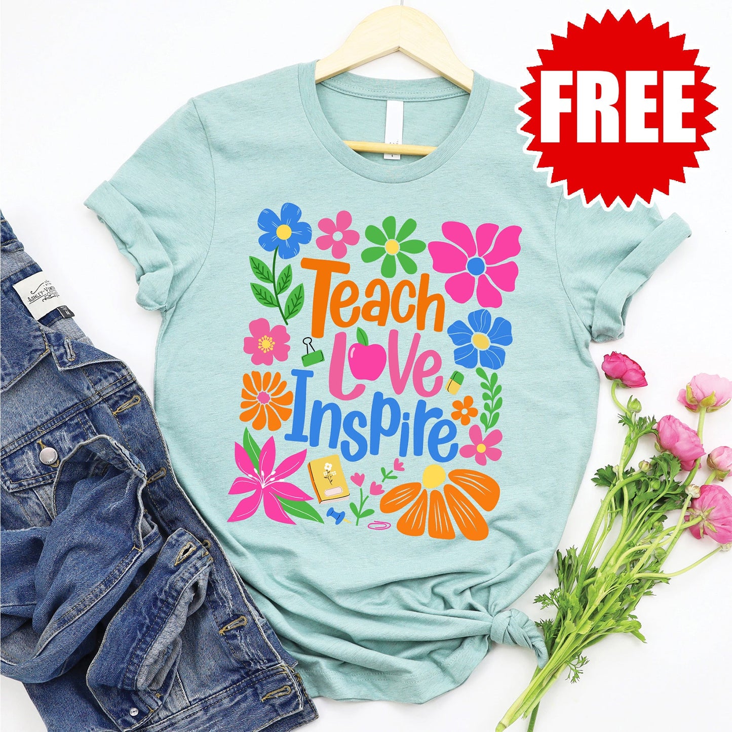 Teach Love Inspire Tee - Heather Dusty Blue - FREE