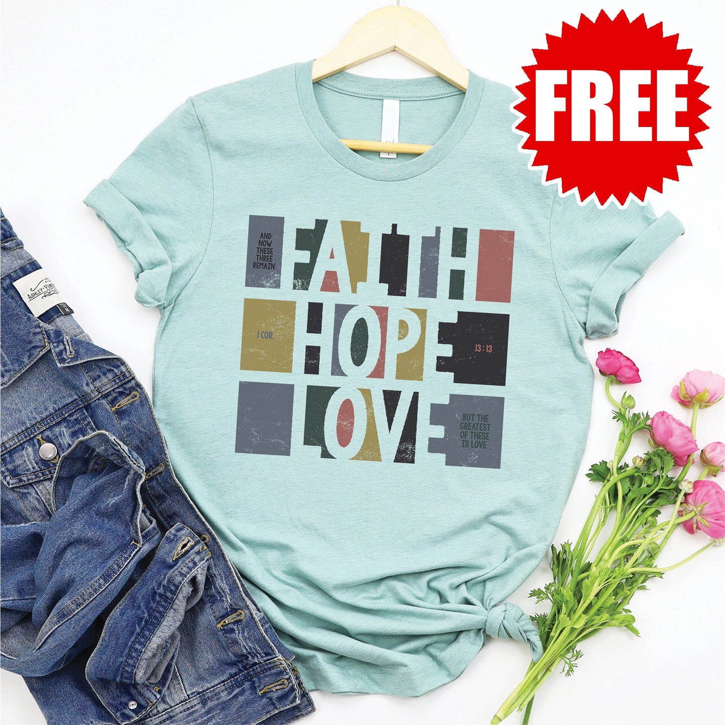 Faith Hope Love Tee - Heather Dusty Blue - 0