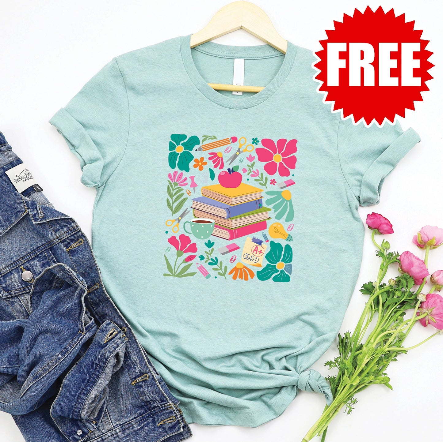 Boho Floral Teacher Tee - Heather Dusty Blue - FREE
