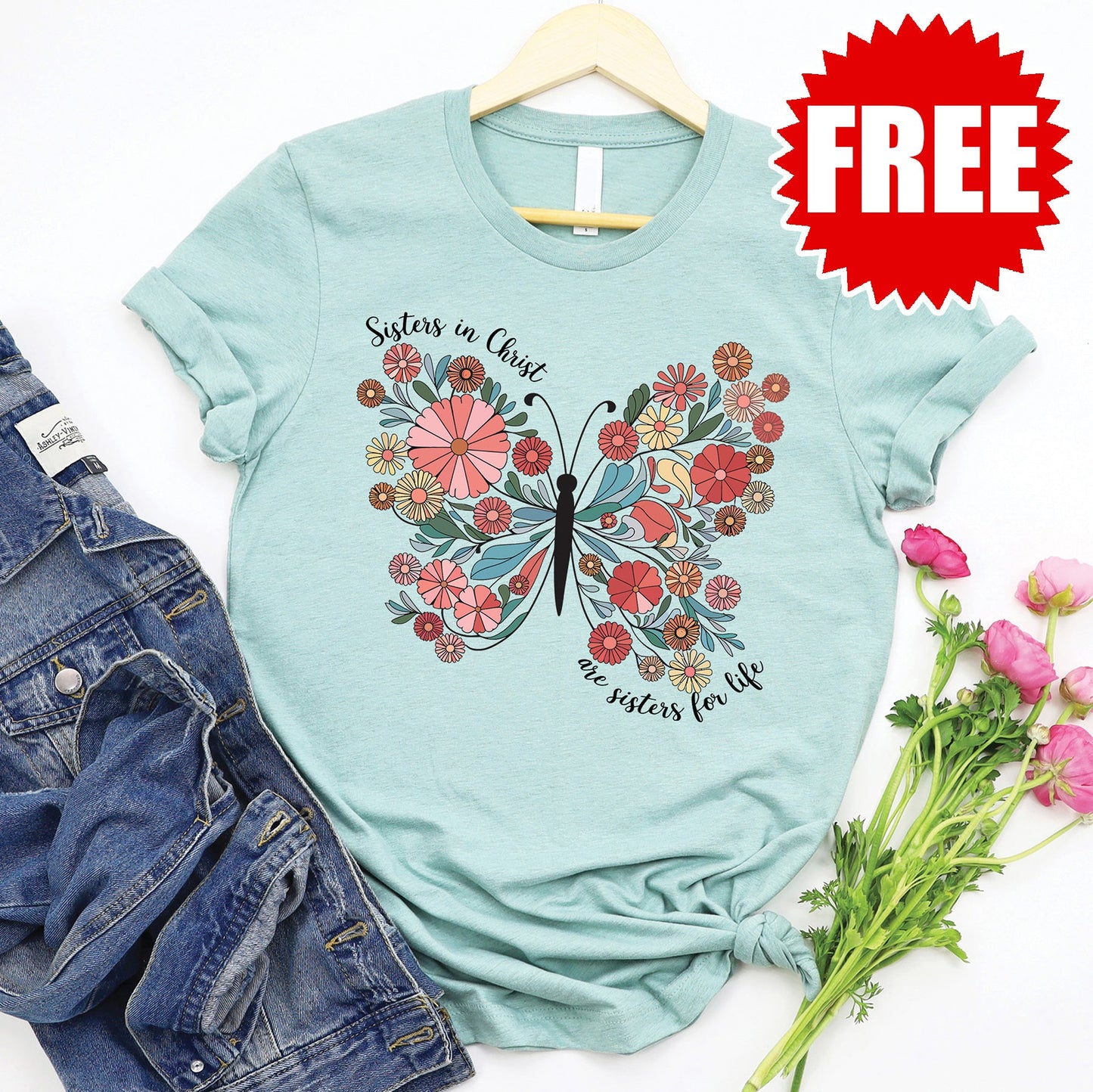 Sisters In Christ Tee - Heather Dusty Blue Style001