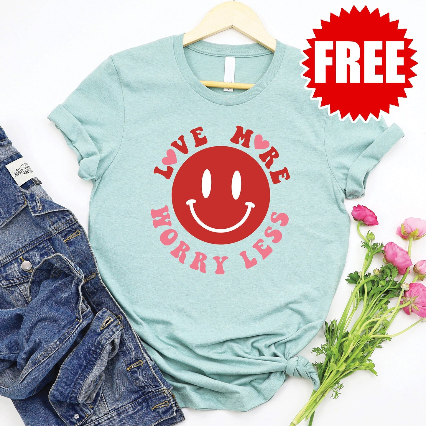 Love More Worry Less Tee - Heather Dusty Blue - FREE