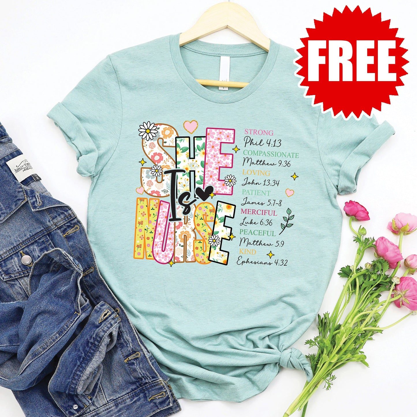 She Is Nurse Tee - Heather Dusty Blue - FREE