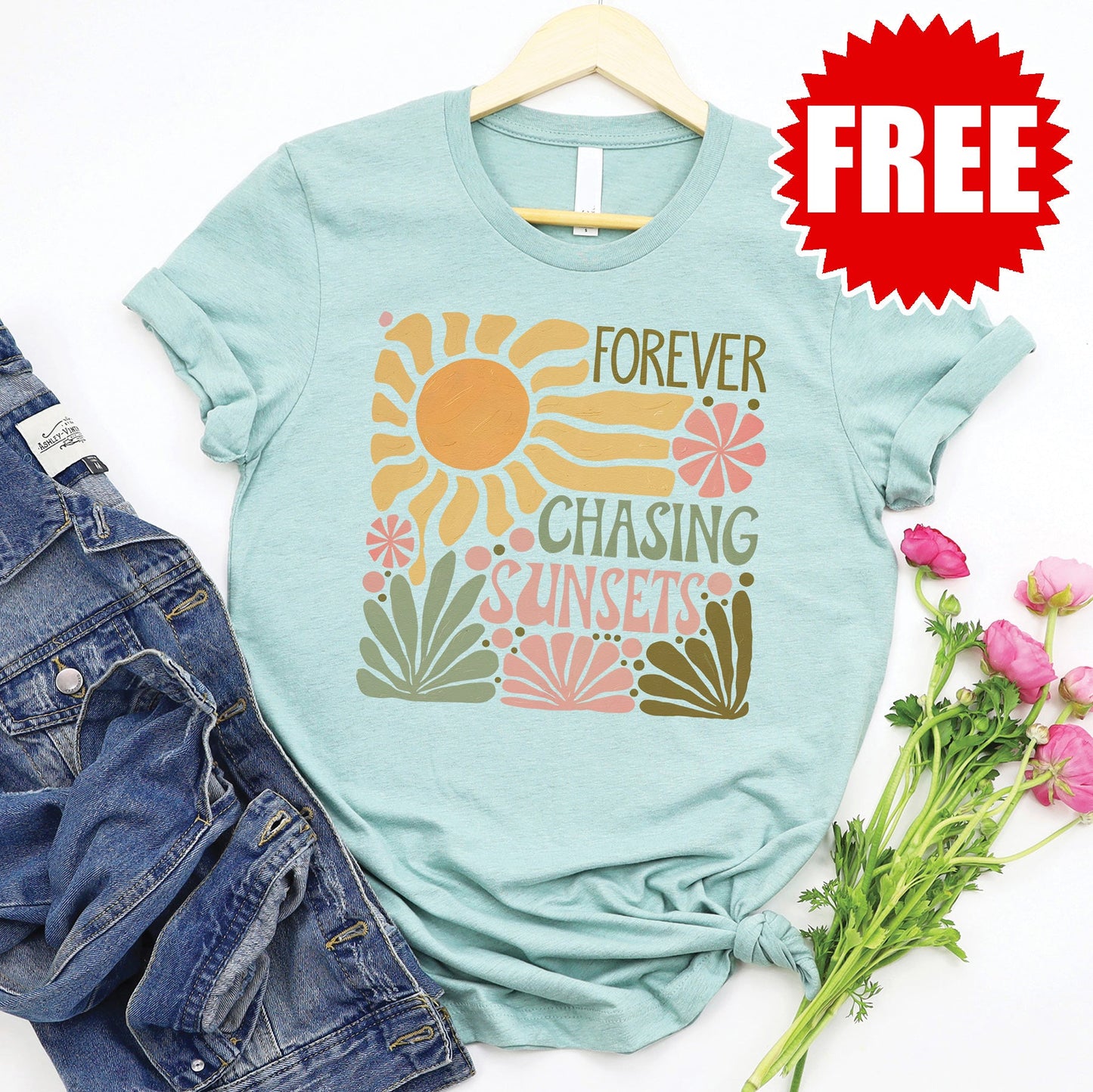 Forever Chasing Sunsets Tee - Heather Dusty Blue - 0