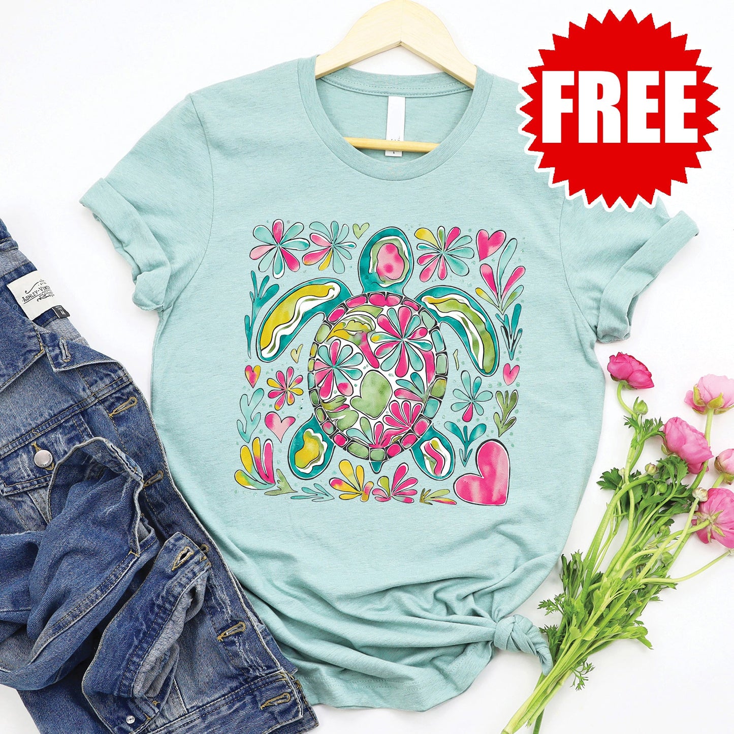 Turtle Floral Tee - Heather Dusty Blue - 0