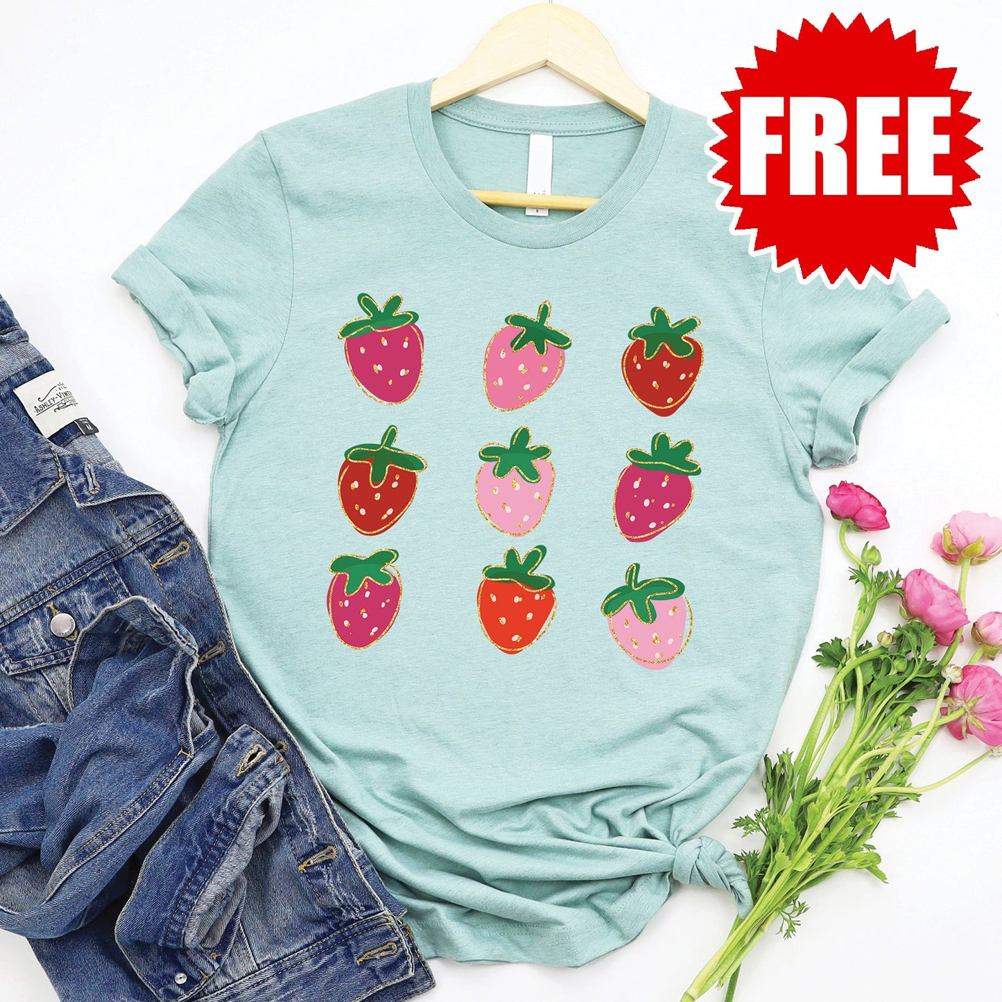 Strawberries Tee - Heather Dusty Blue - 0 Style001